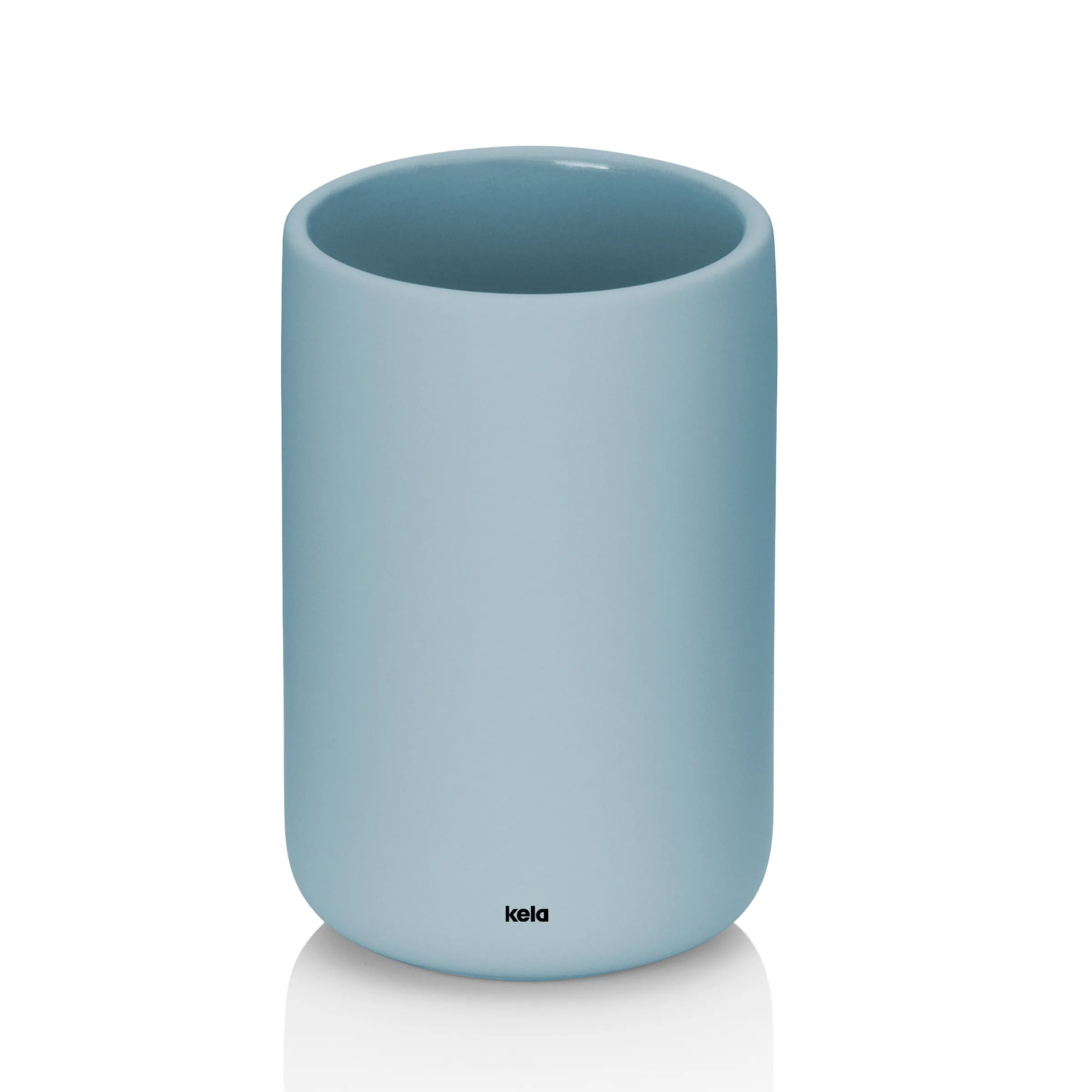 Kela Zahnbürstenhalter blau - moderner Badbecher Hellblauer zylindrischer Behälter mit glatter Oberfläche und geradem Rand, Marke kela sichtbar