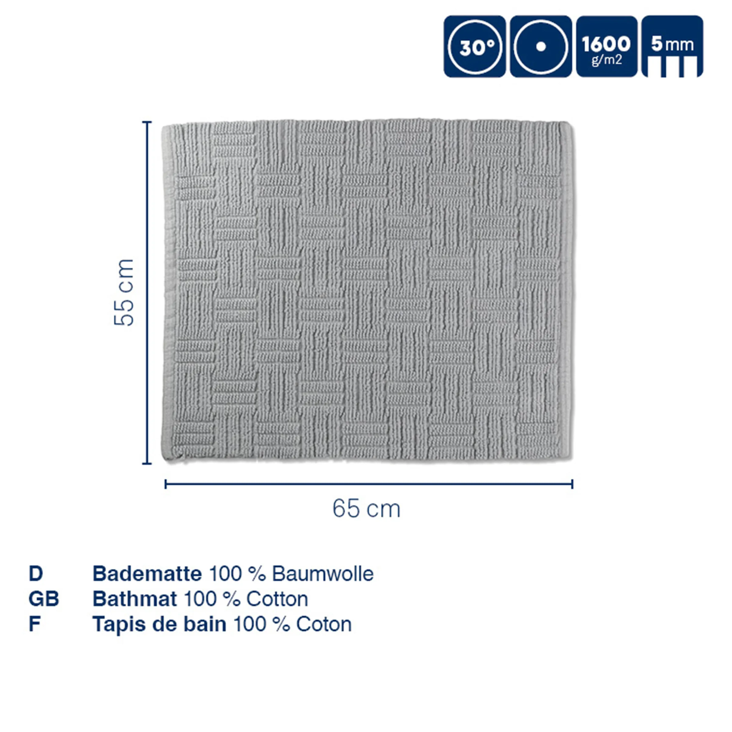 Badematte 100% Baumwolle 55x65 cm grau strukturiert 1600g/m² Graue Badematte aus 100% Baumwolle, 55x65 cm, mit strukturiertem Webmuster, 1600 g/m², waschbar bei 30°