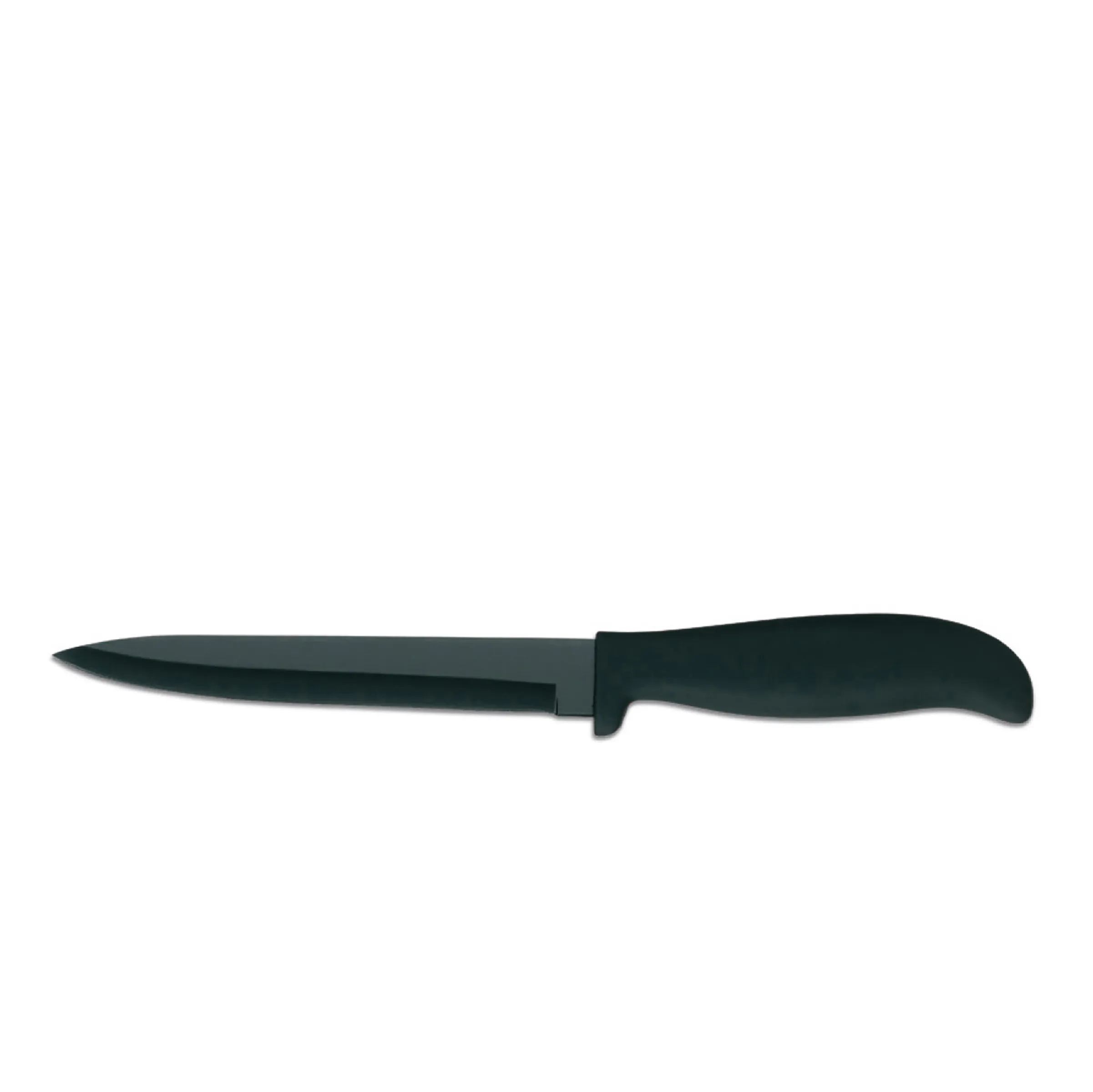 Schwarzes Küchenmesser mit scharfer Klinge und rutschfestem Griff Schwarzes Messer mit spitzer Klinge und ergonomischem Griff auf weißem Hintergrund