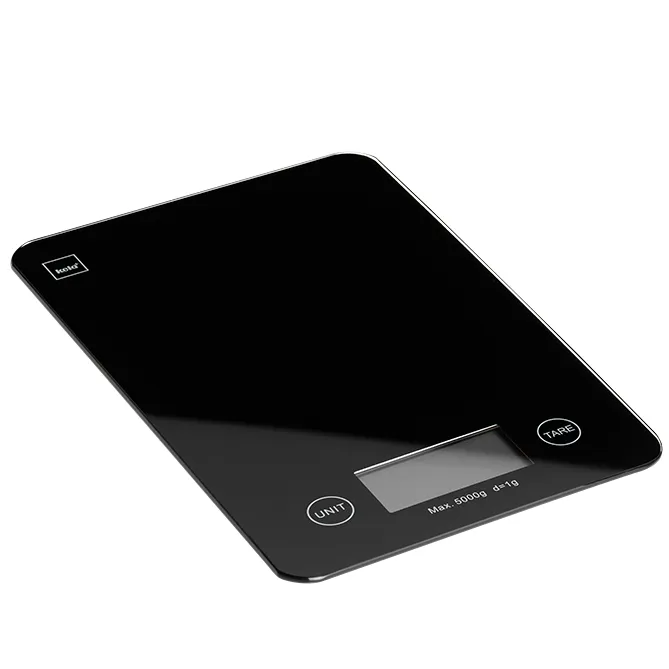Balance de Cuisine Numérique Noire avec Écran LCD et Fonction Tare Balance de cuisine numérique noire avec écran LCD et boutons tactiles Unit, Tare et Reset