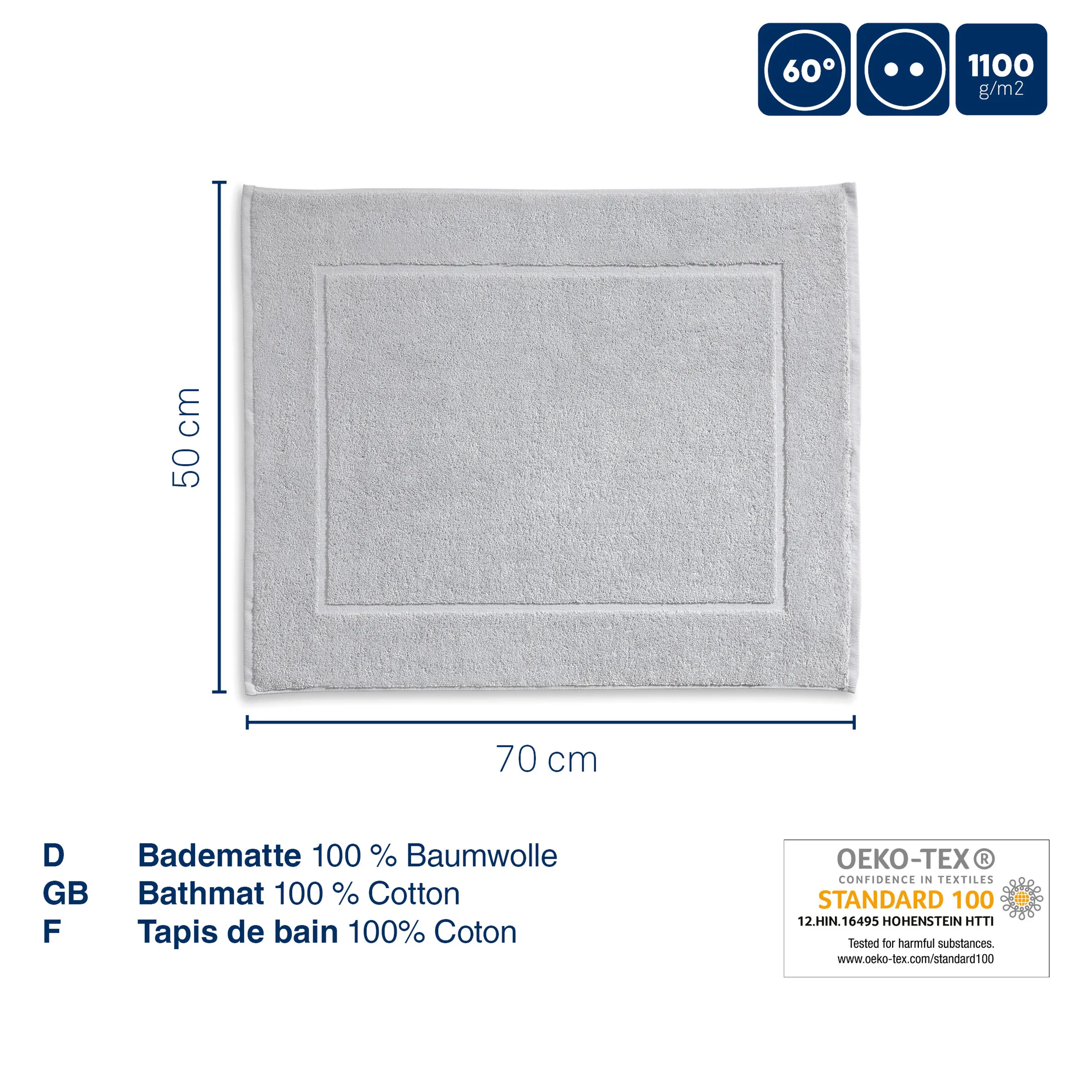 Baumwoll-Badematte 70x50 cm hochwertig Hellgraue Badematte aus 100% Baumwolle, 70x50 cm, mit strukturiertem Rand und Mittelfeld