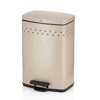 Cream-colored rectangular pedal bin with perforated pattern, black lid and foot pedal