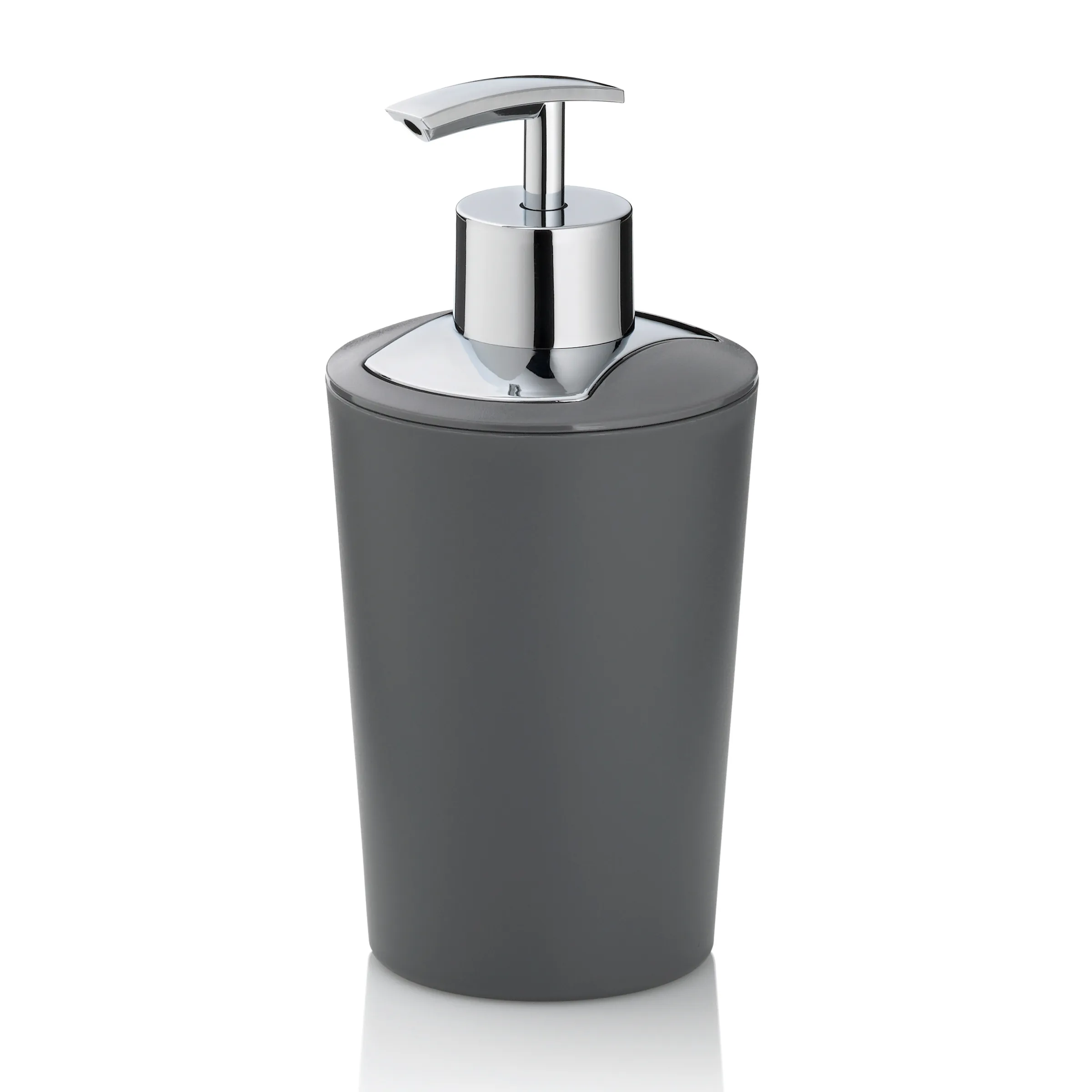 Seifenspender grau - Badezimmer Accessoires Grauer Seifenspender mit glänzendem Chromdeckel und ergonomischem Pumpenhebel
