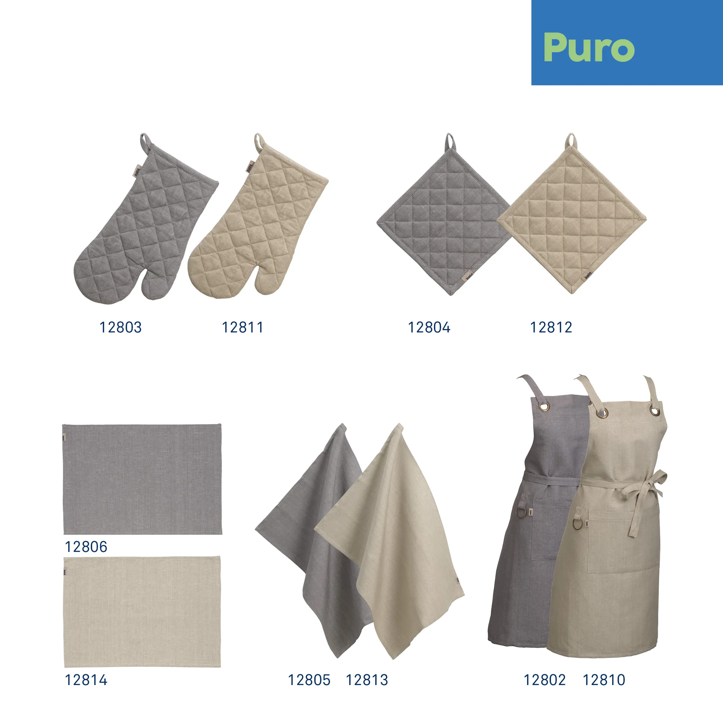 Puro Küchenkollektion - Geschirrtücher, Schürzen, Topflappen, Ofenhandschuhe in Grau und Beige Puro Küchenkollektion in Grau und Beige: Ofenhandschuhe, Topflappen, Platzsets, Geschirrtücher und Schürzen