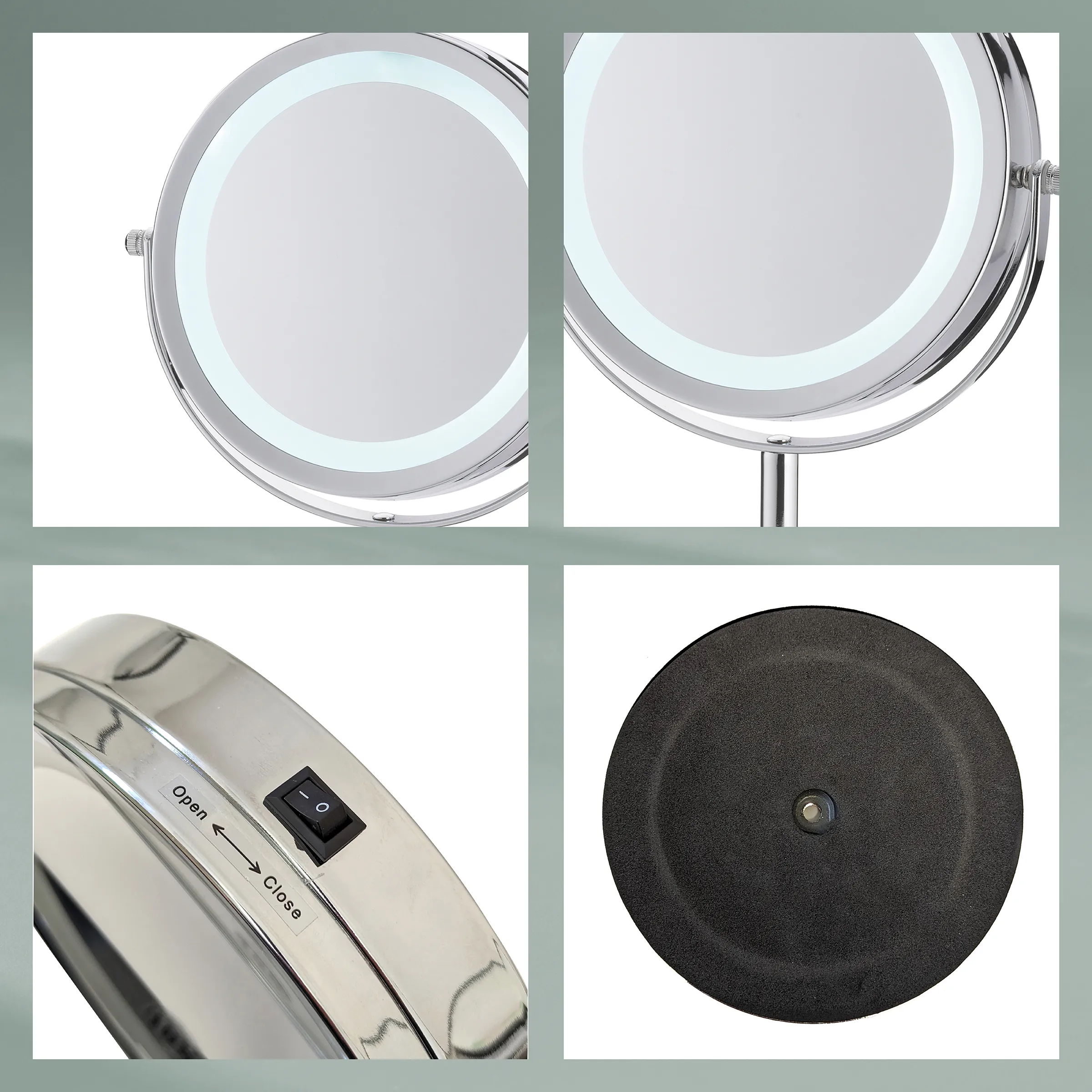 LED-Kosmetikspiegel mit Beleuchtung und Standfuß – doppelseitig verchromt LED-Kosmetikspiegel mit Beleuchtung, Detailansichten: Spiegelfläche, Standfuß, Ein-/Ausschalter und Unterseite