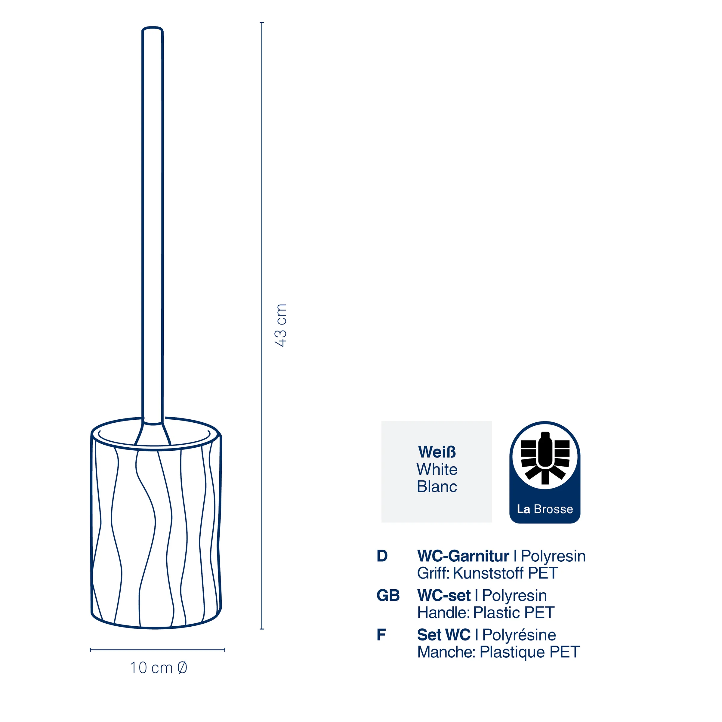 WC-Bürste La Brosse Weiß Polyresin Toilettenbürste Weiße Toilettenbürste La Brosse mit 43 cm Höhe und 10 cm Durchmesser aus Polyresin mit Kunststoffgriff