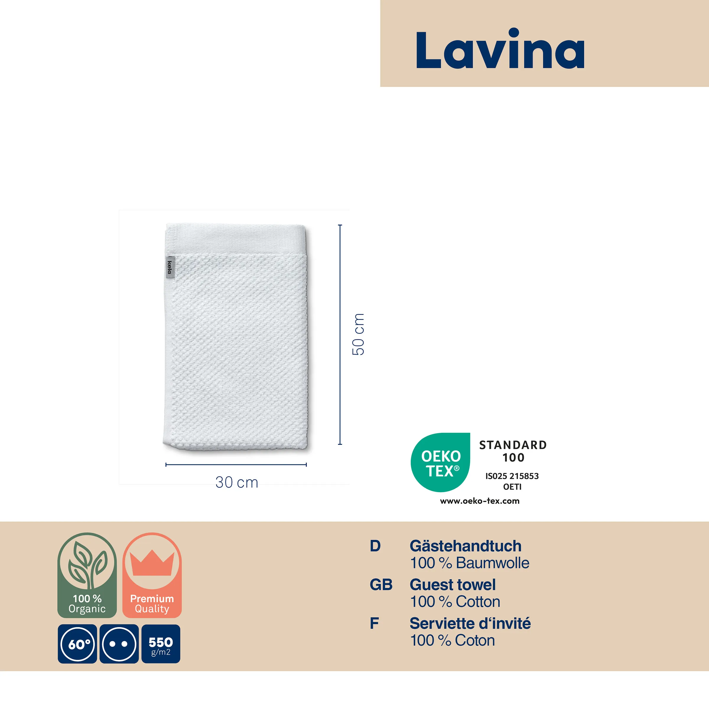 Lavina Gästehandtuch 100% Baumwolle 30x50cm Lavina Gästehandtuch aus 100% Baumwolle, weiß, 30x50cm mit OEKO-TEX Standard 100 Zertifikat