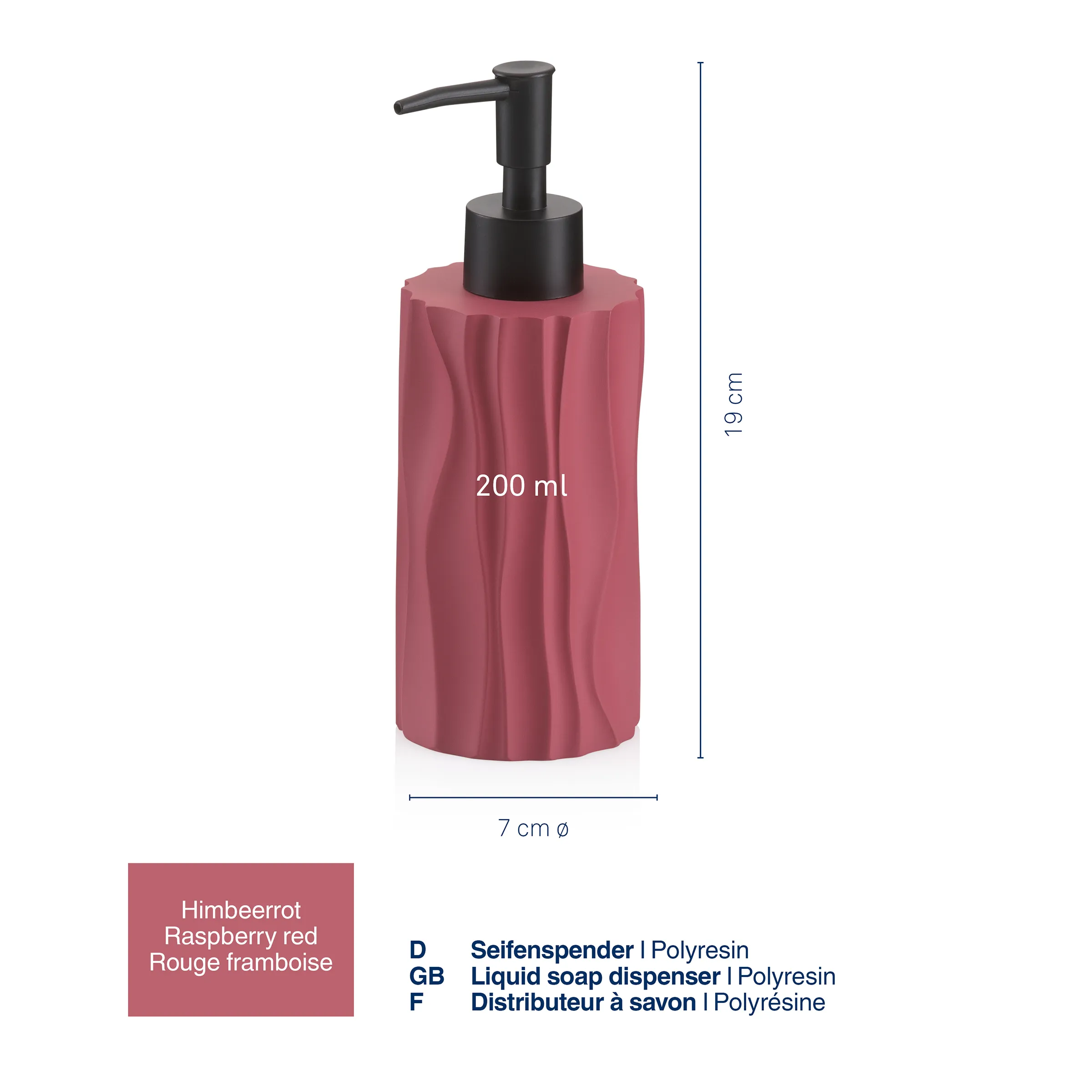 Himbeerroter Seifenspender aus Polyresin, 200 ml, 19 cm hoch, 7 cm Durchmesser, mit schwarzer Pumpe