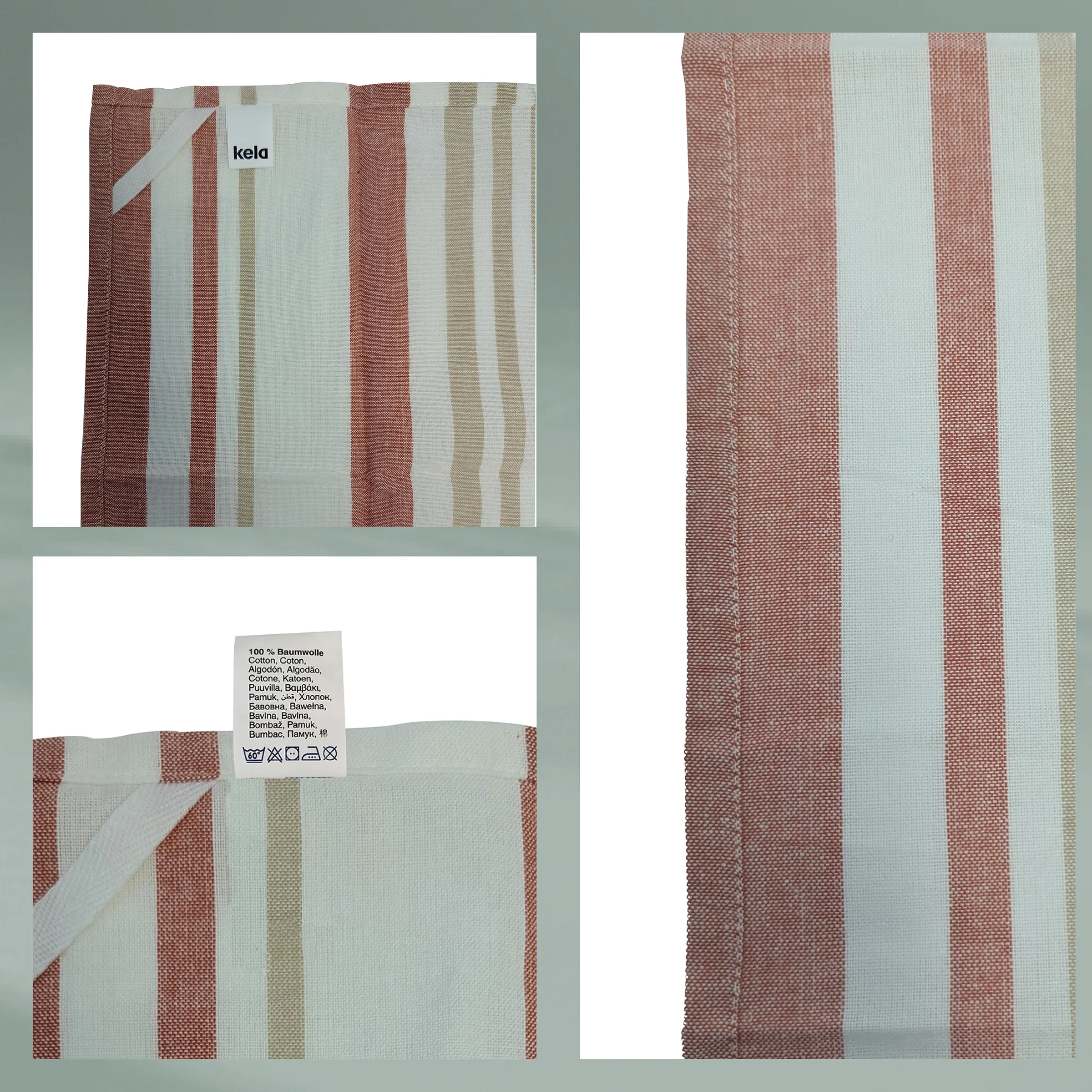 Kela Geschirrtuch Baumwolle Streifen rot beige Kela Baumwoll-Geschirrtuch mit vertikalen Streifen in Rot, Beige und Creme mit Detailansichten und Pflegeetikett