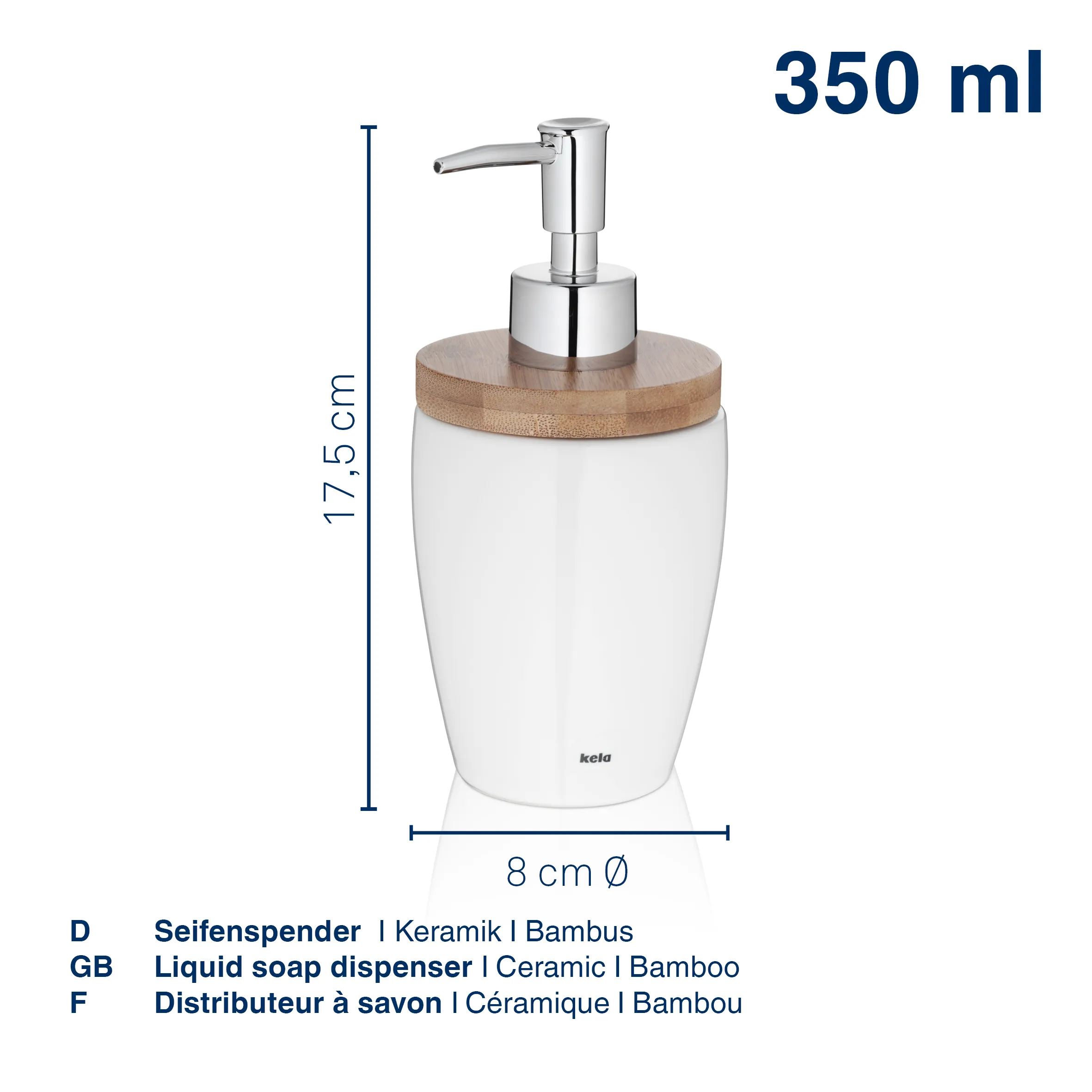 Seifenspender Keramik Bambus 350ml - Design Badezimmer Spender Weißer Keramik-Seifenspender mit Bambusdeckel und Chrompumpe, 350 ml Fassungsvermögen, 17,5 cm hoch