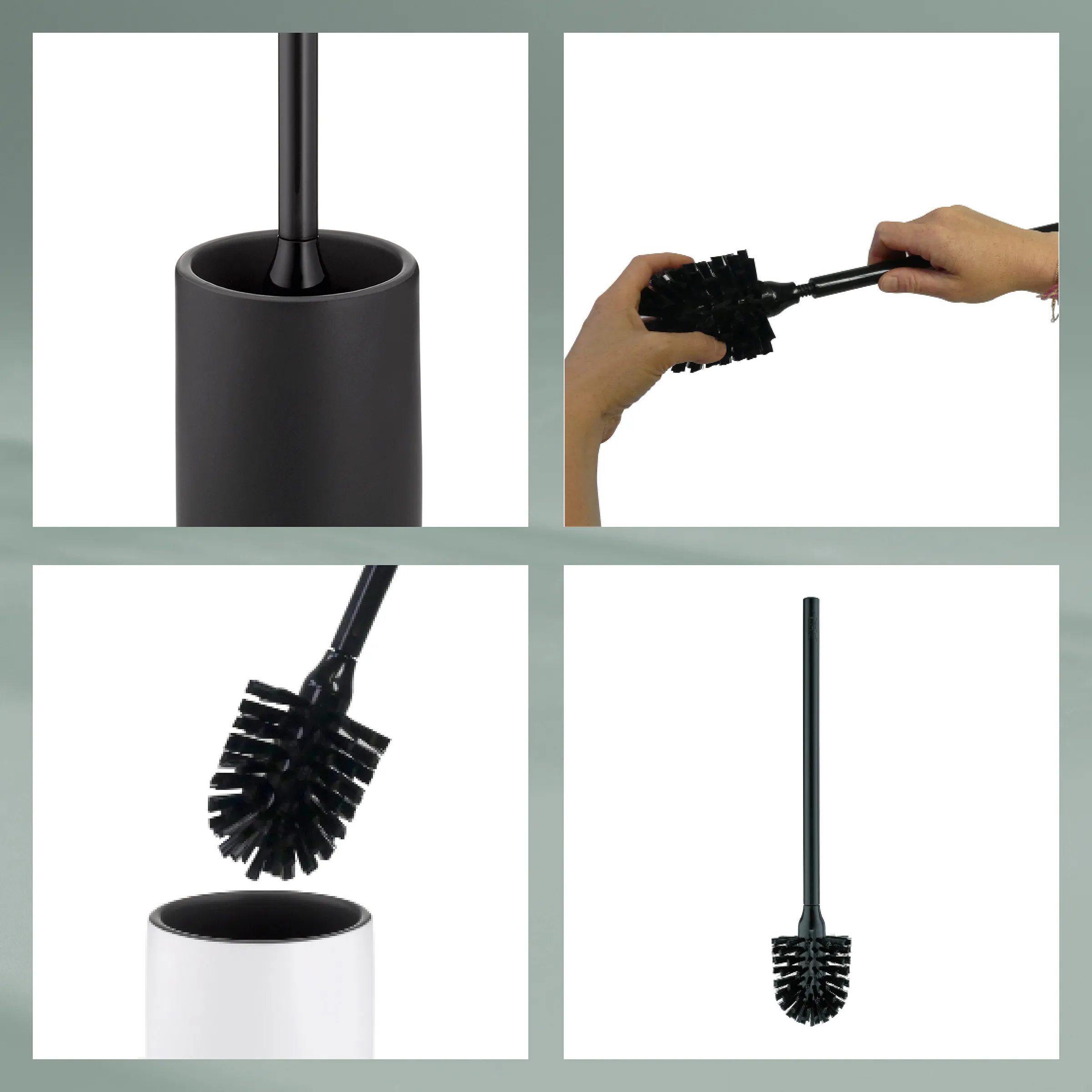 Toilettenbürste mit Behälter - WC Reinigungsbürste schwarz Schwarze Toilettenbürste mit Behälter in verschiedenen Ansichten und Verwendungsbeispielen