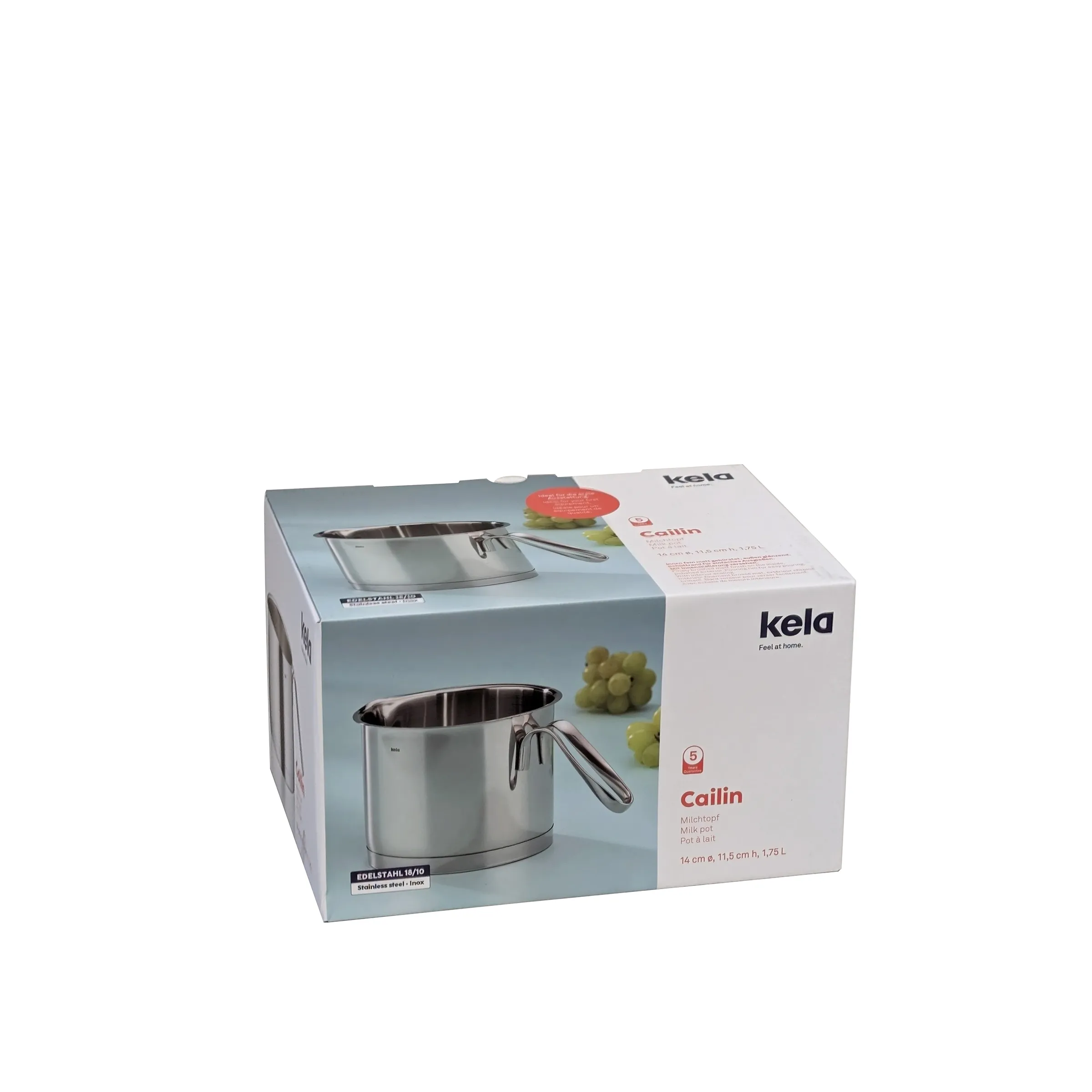 Kela Cailin Milchtopf aus Edelstahl in Originalverpackung mit Produktabbildung und grünen Trauben