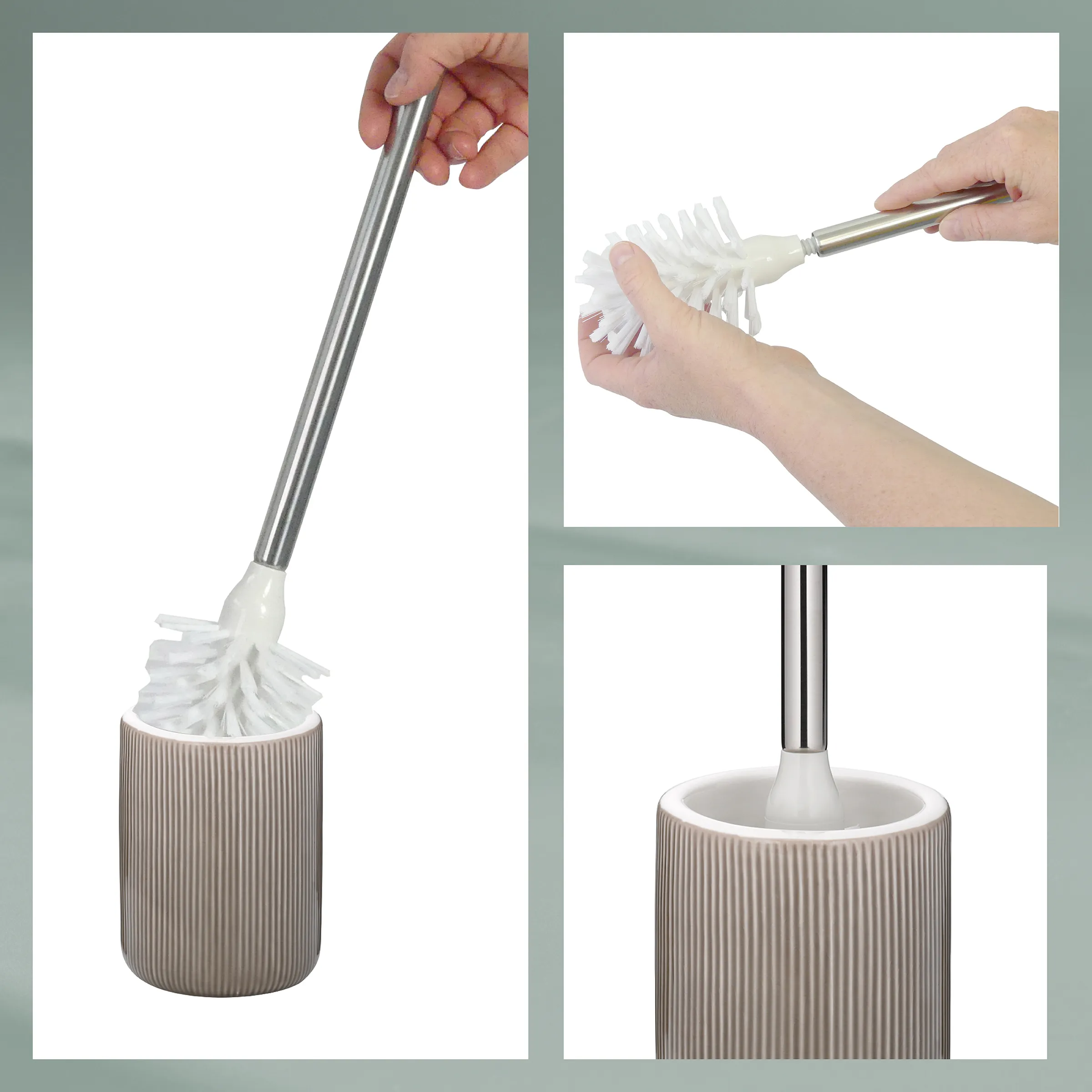 Toilettenbürste mit Riffelbecher - Edelstahl Reinigungsbürste Toilettenbürste mit grauem Riffelbecher und Edelstahlgriff in verschiedenen Positionen und Anwendungsszenen