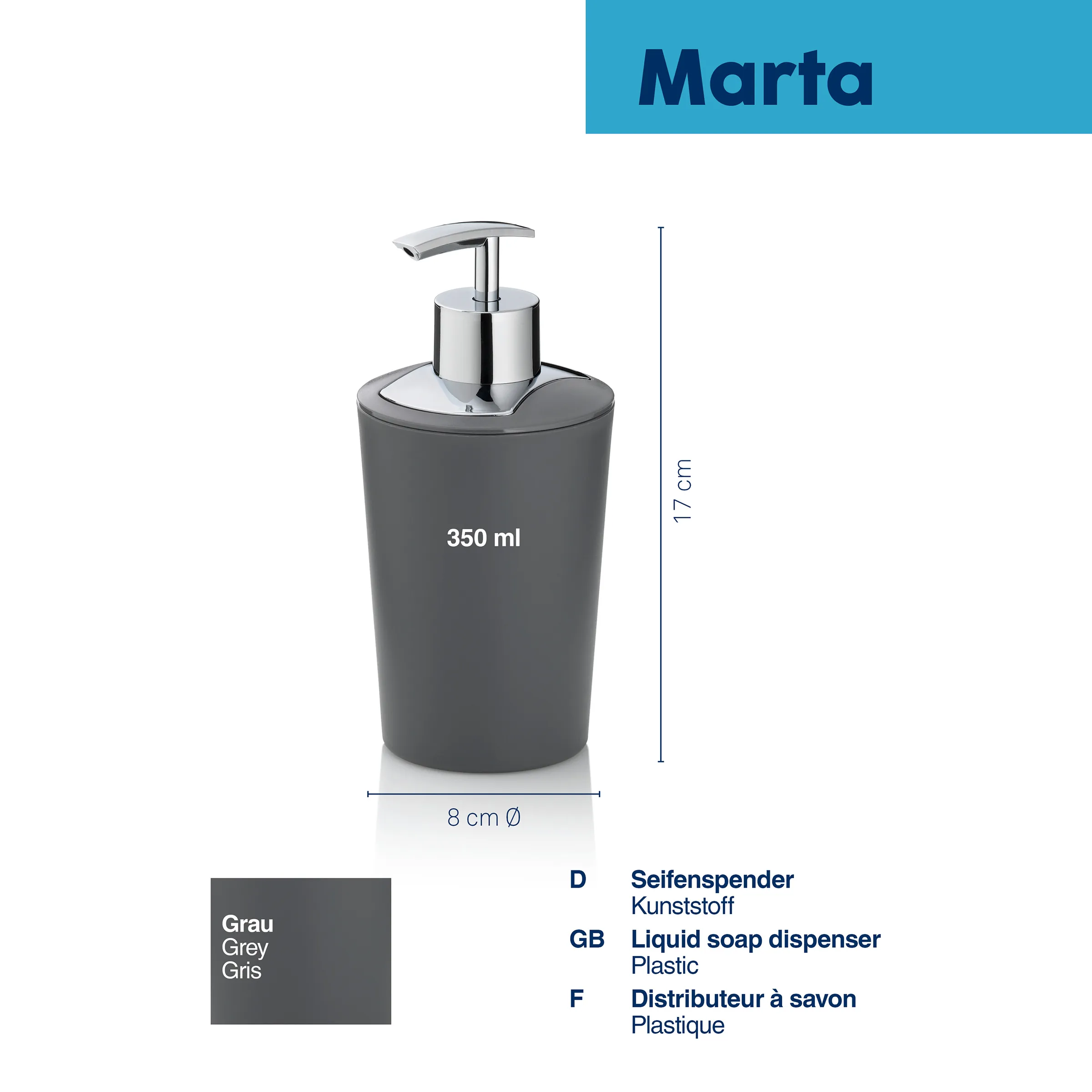 Grauer Seifenspender Marta aus Kunststoff mit Metallpumpe, 350 ml, 17 cm Höhe, 8 cm Durchmesser