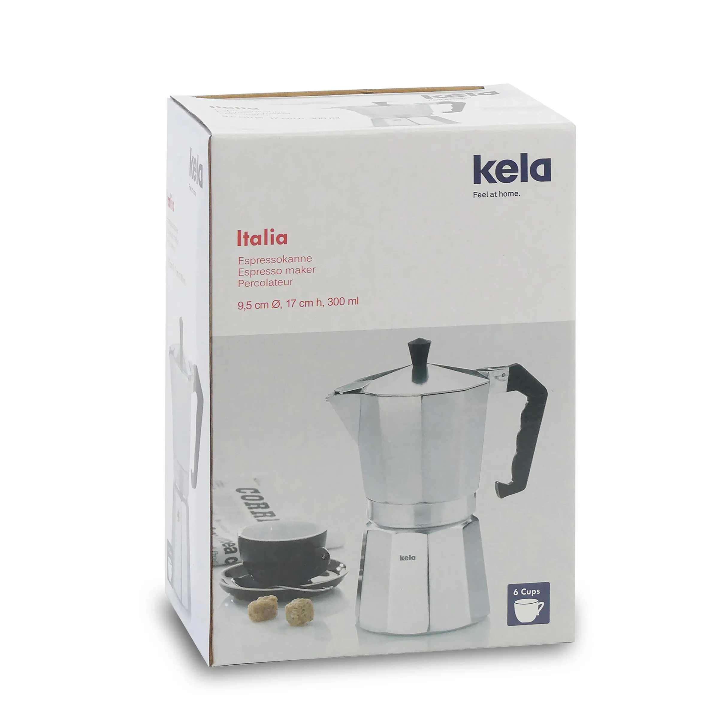 Kela Italia Espressokanne 6 Tassen - Espressokocher 300ml Aluminium Kela Italia Espressokanne in silber auf Verpackung, 6 Tassen Kapazität, 300 ml, mit gefüllter Espressotasse