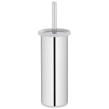 Modern toilet brush made of stainless steel and white plastic with long handle and round container