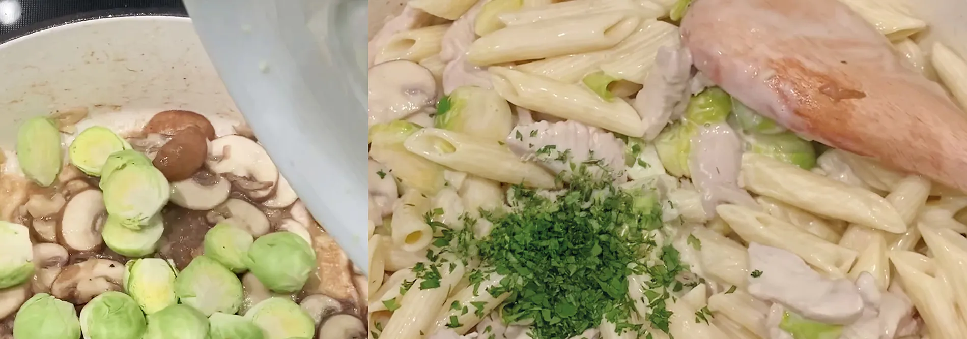 Zutaten für Geflügel-Rahmpasta: Hähnchenbrust, Champignons, Lauch, Penne und Petersilie in weißer Schale