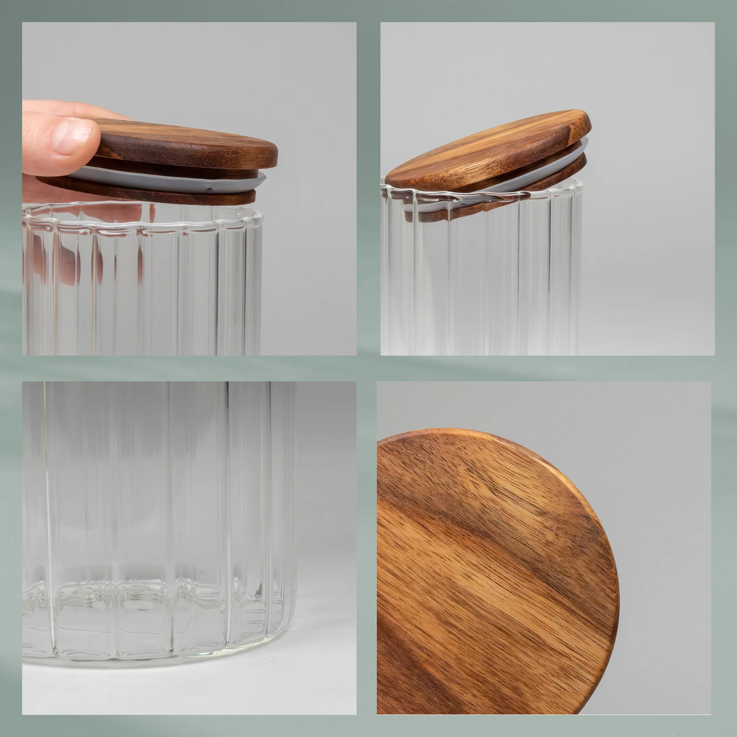 Glas-Vorratsbehälter mit Holzdeckel in verschiedenen Ansichten, zeigt Details des Behälters und des natürlichen Holzlids.