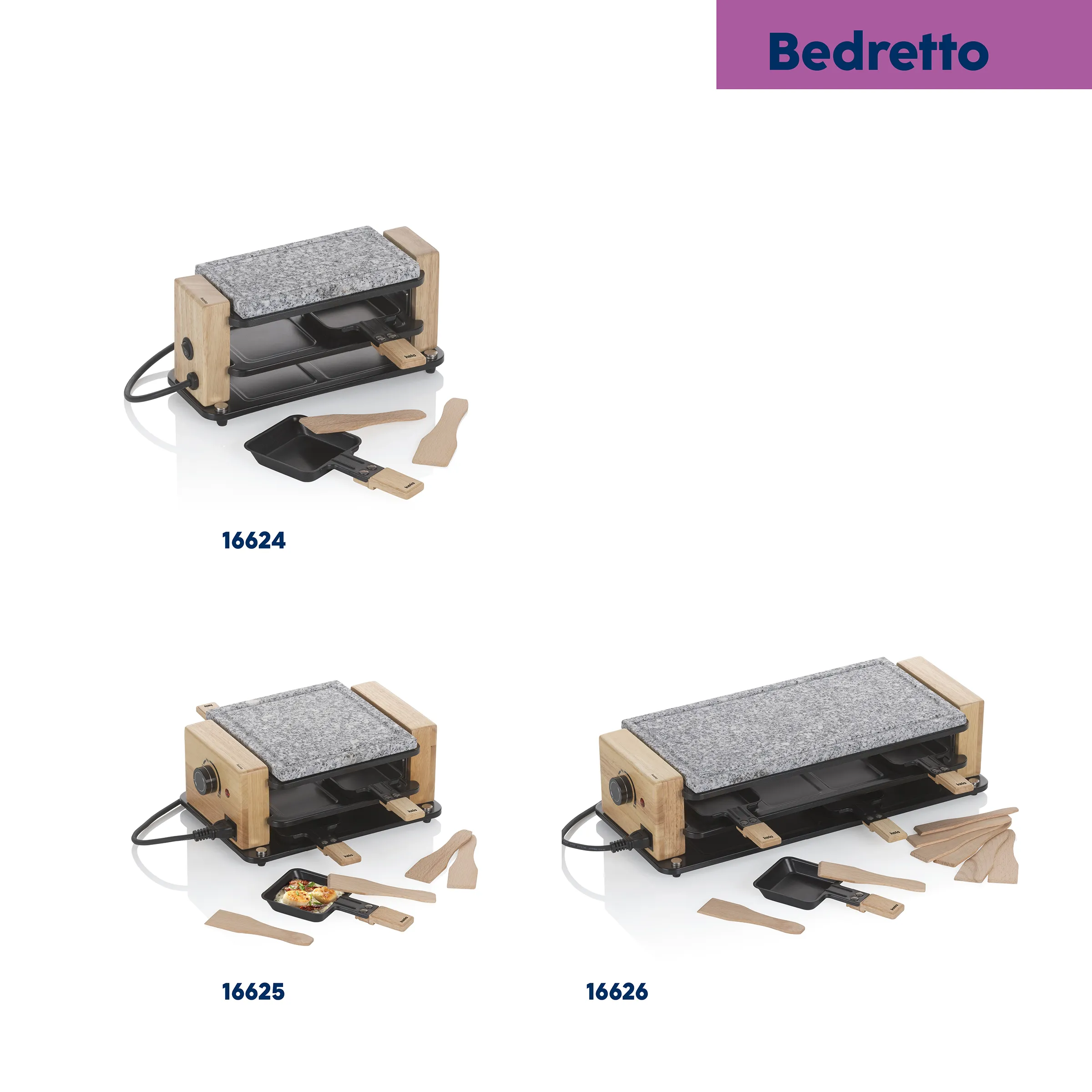 Bedretto Raclette Grill - Tischgrill mit Steinplatte und Zubehör Drei Bedretto Raclette-Grills mit Holzrahmen, grauer Steinplatte und schwarzen Zubehörteilen in verschiedenen Größen (16624, 16625, 16626).