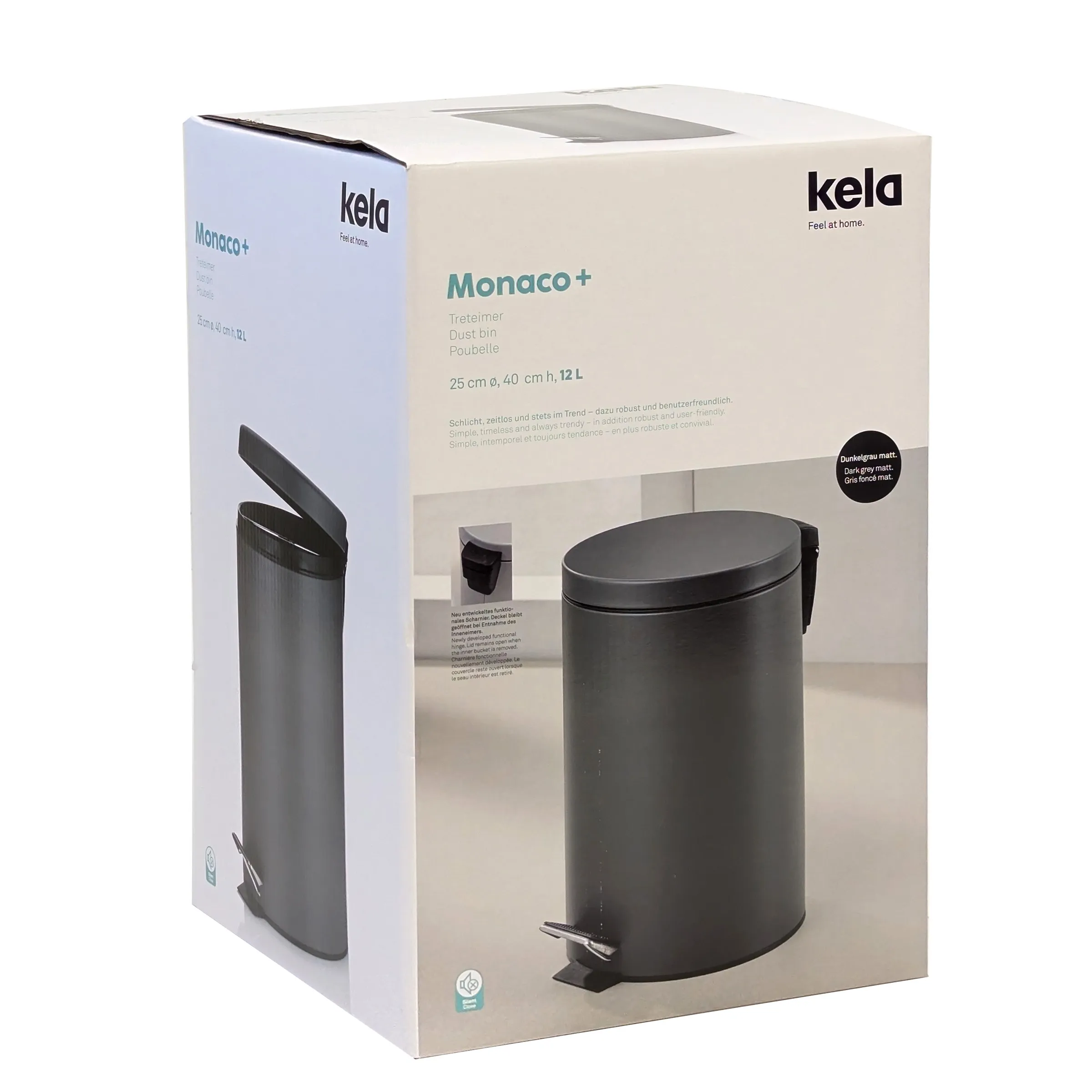 Kela Monaco+ Treteimer 12L Dunkelgrau - Designer Mülleimer mit Pedal Kela Monaco+ Treteimer 12L in Dunkelgrau matt, runder Mülleimer mit Tretfunktion und Deckel in Produktverpackung