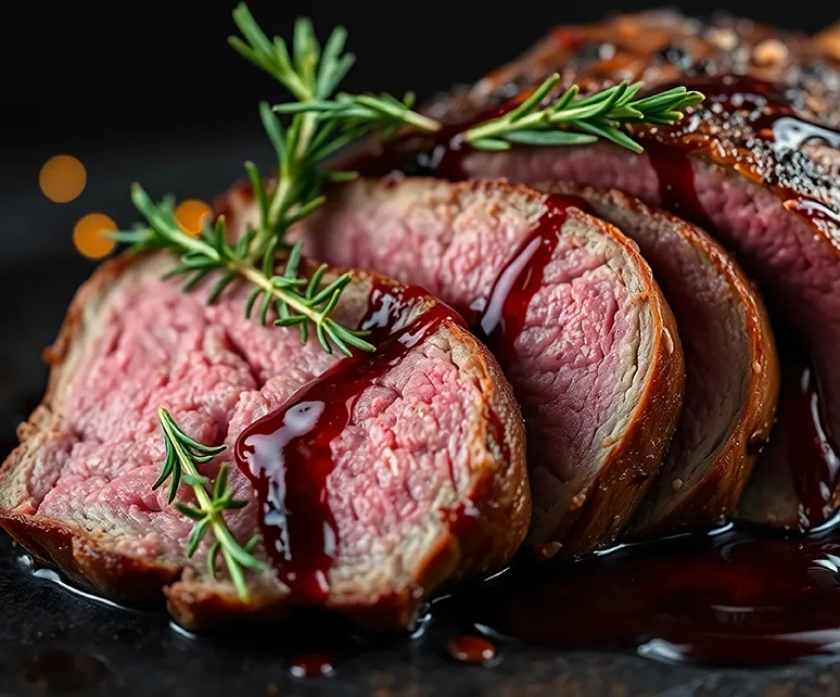 Roastbeef Steak medium rare - Premium Rindfleisch Saftiges Roastbeef-Steak, medium rare geschnitten, mit Rosmarin garniert und Fleischsaft auf schwarzem Hintergrund