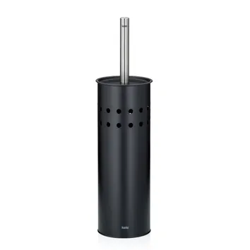 Schwarze Toilettenbürste mit Kunststoffbehälter und edelstahlgrauem Griff, durchbrochenes Design mit Lüftungslöchern