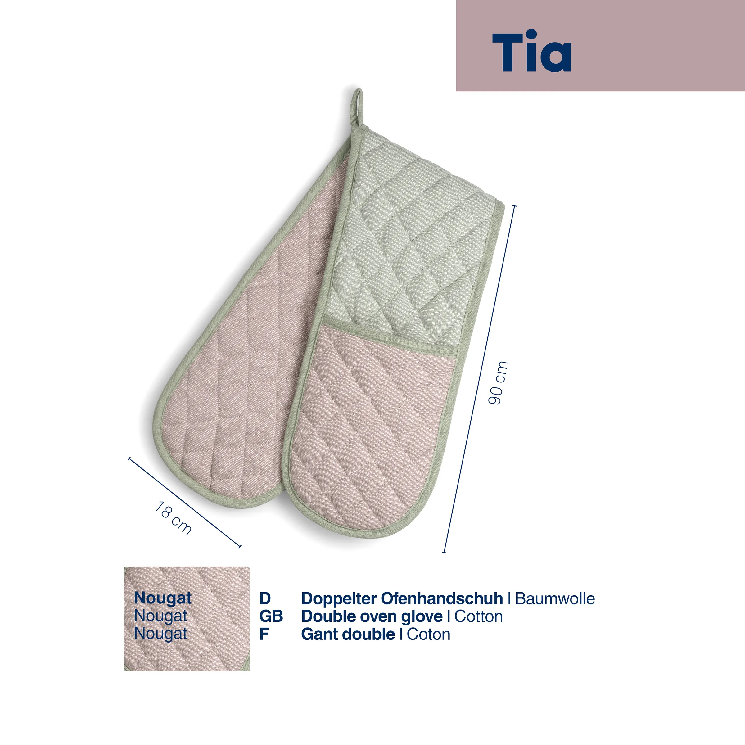 Doppelhandschuh Tia Ofenhandschuhe Baumwolle Tia Doppelhandschuh in Grün und Rosa mit Nougat-Material, 90cm lang, 7,8cm breit