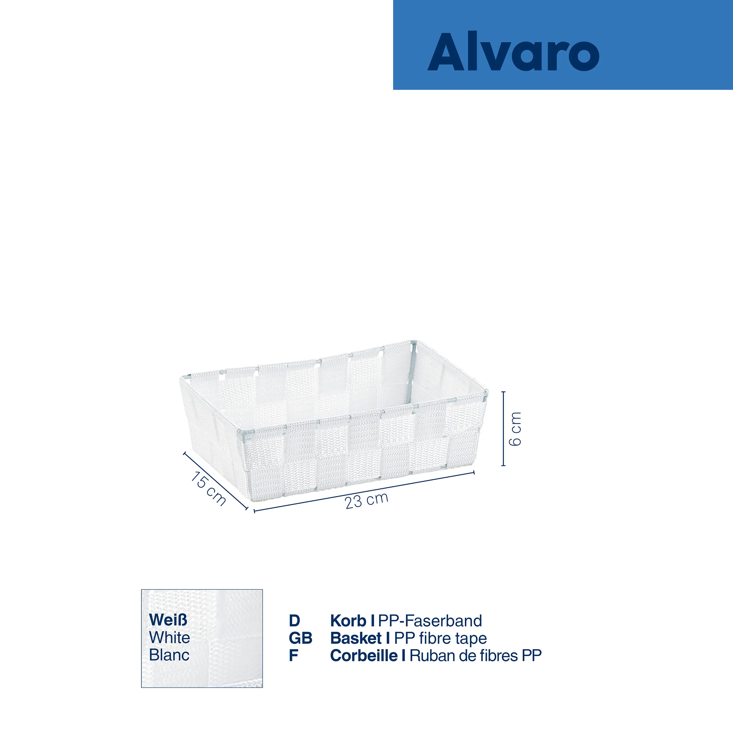 Alvaro Weiß Korb aus PP-Faserband, rechteckig, Maße 23×15×6 cm, mit Tragegriffen