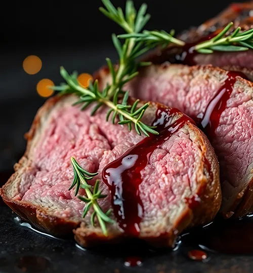 Perfekt gares Steak Medium Rare - Premium Rindfleisch Medium gares Steak mit rosafarbenem Kern, garniert mit Rosmarin und Fleischsaft auf schwarzem Untergrund