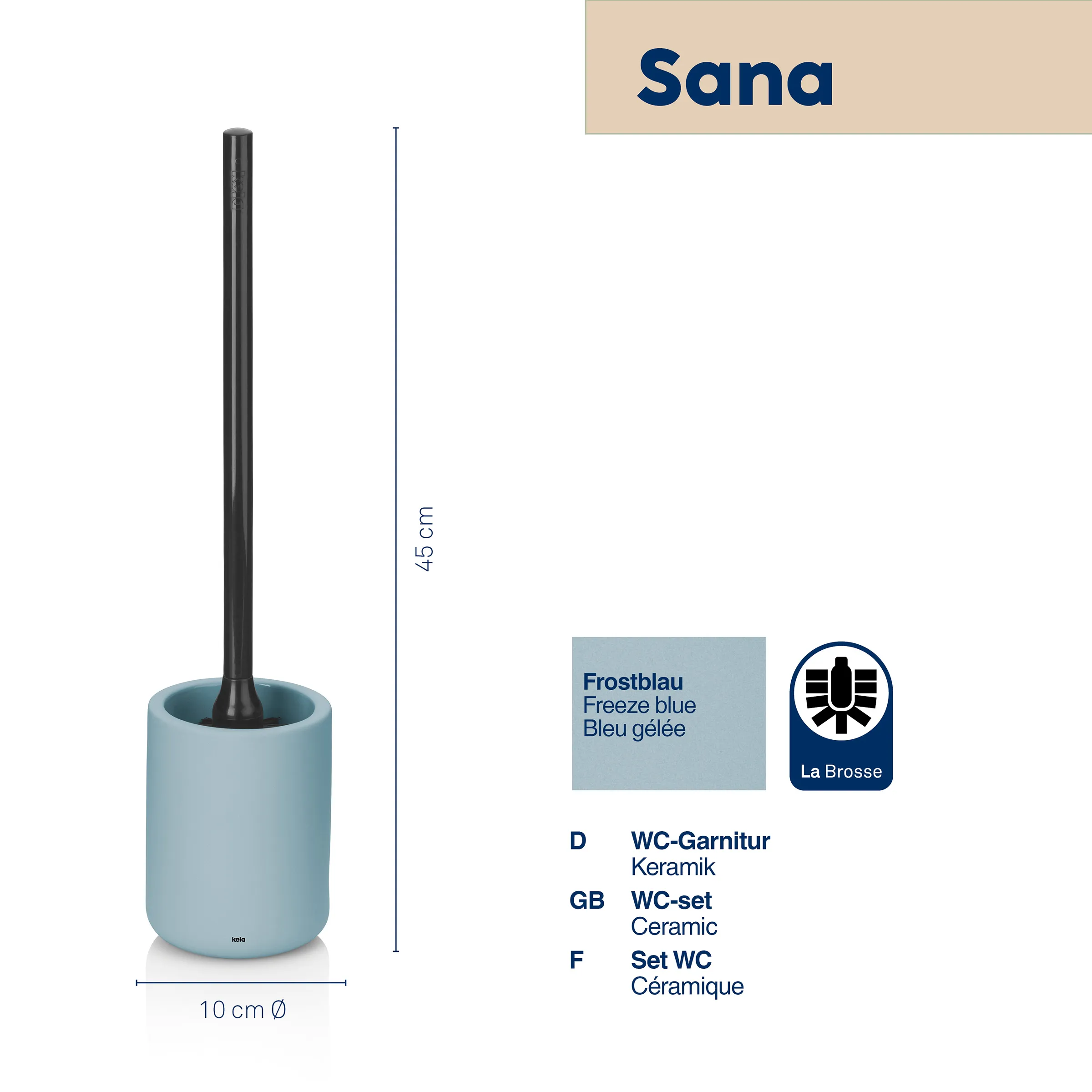 Sana Toilettenbürste Keramik Frostblau - La Brosse Sana Toilettenbürste Frostblau von La Brosse: Keramikgarnitur mit schwarzem Stiel, 45 cm Höhe, 10 cm Durchmesser