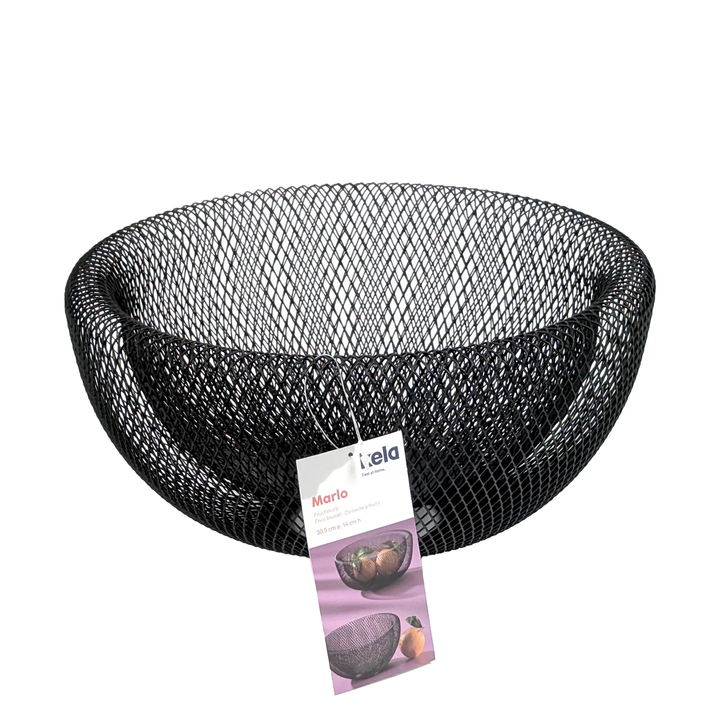 Mario Obstschale Mesh – stilvolle schwarze Küchenschale Schwarze Mesh-Obstschale Mario mit Etikett auf weißem Hintergrund, zeigt dekoratives Gitternetz-Design für Küche