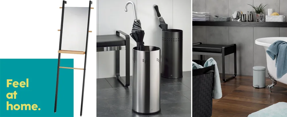 Modern bathroom and hallway furniture with ladder, shelves, umbrella stand and storage baskets in black and wood