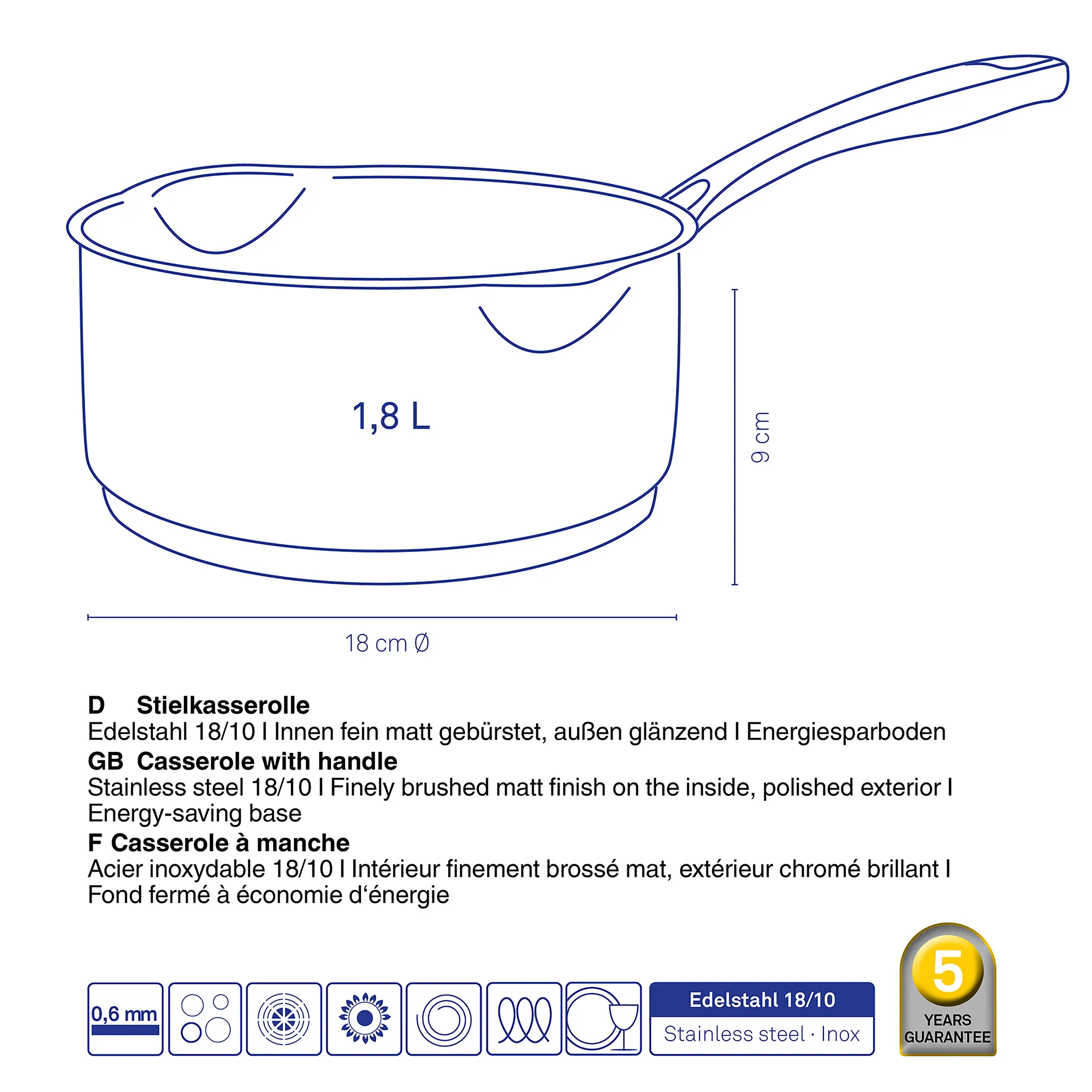Stielkasserolle Edelstahl 1,8 L - Kasserole mit Energiesparboden Stielkasserolle aus Edelstahl mit 1,8 L Fassungsvermögen, 18 cm Durchmesser, 9 cm Höhe und langem Griff