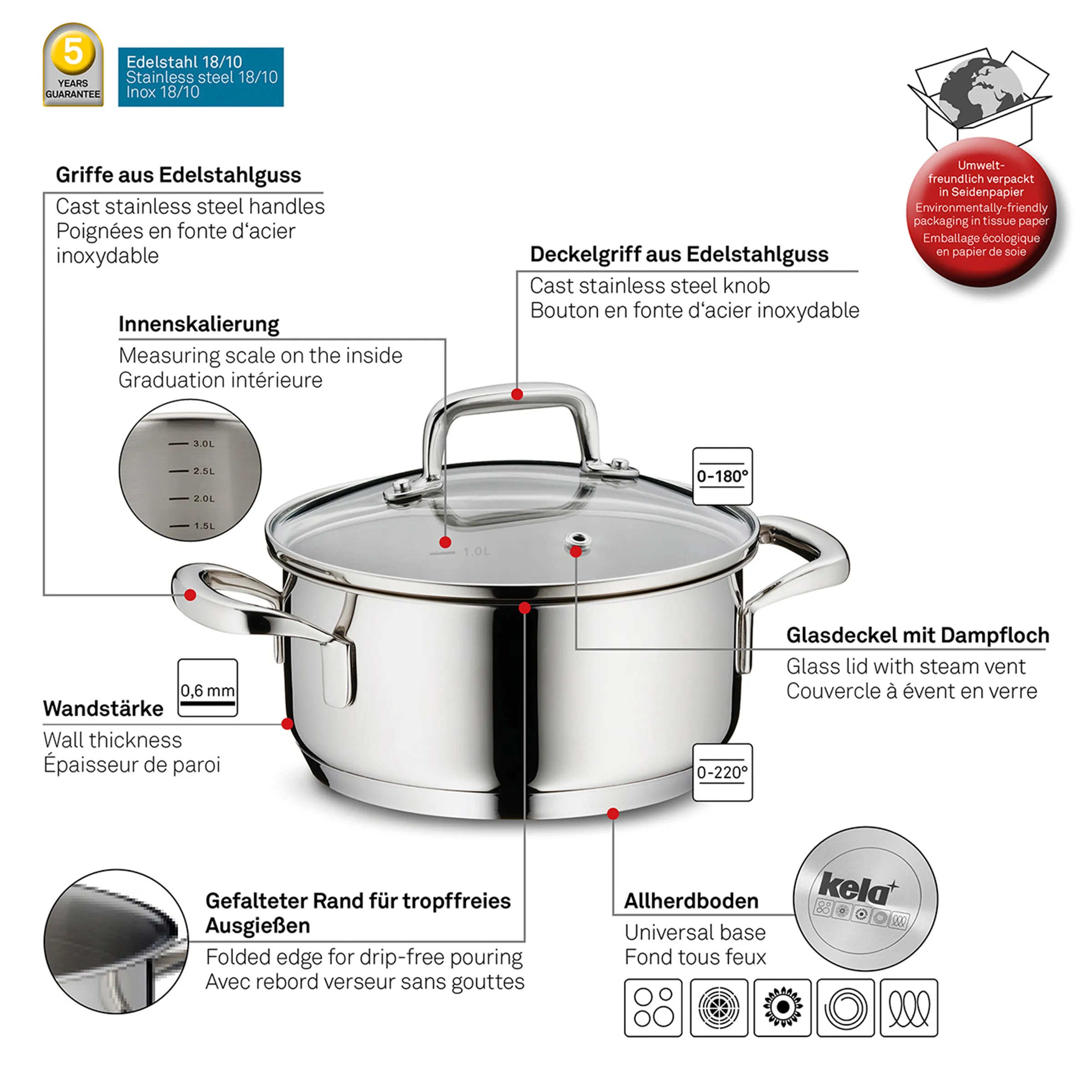 Edelstahl-Kochtopf mit Glasdeckel und Innenskalierung - 5 Jahre Garantie Edelstahl-Kochtopf mit Glasdeckel, Innenskalierung, Ausgießrand und Allherdboden - Produktdetails
