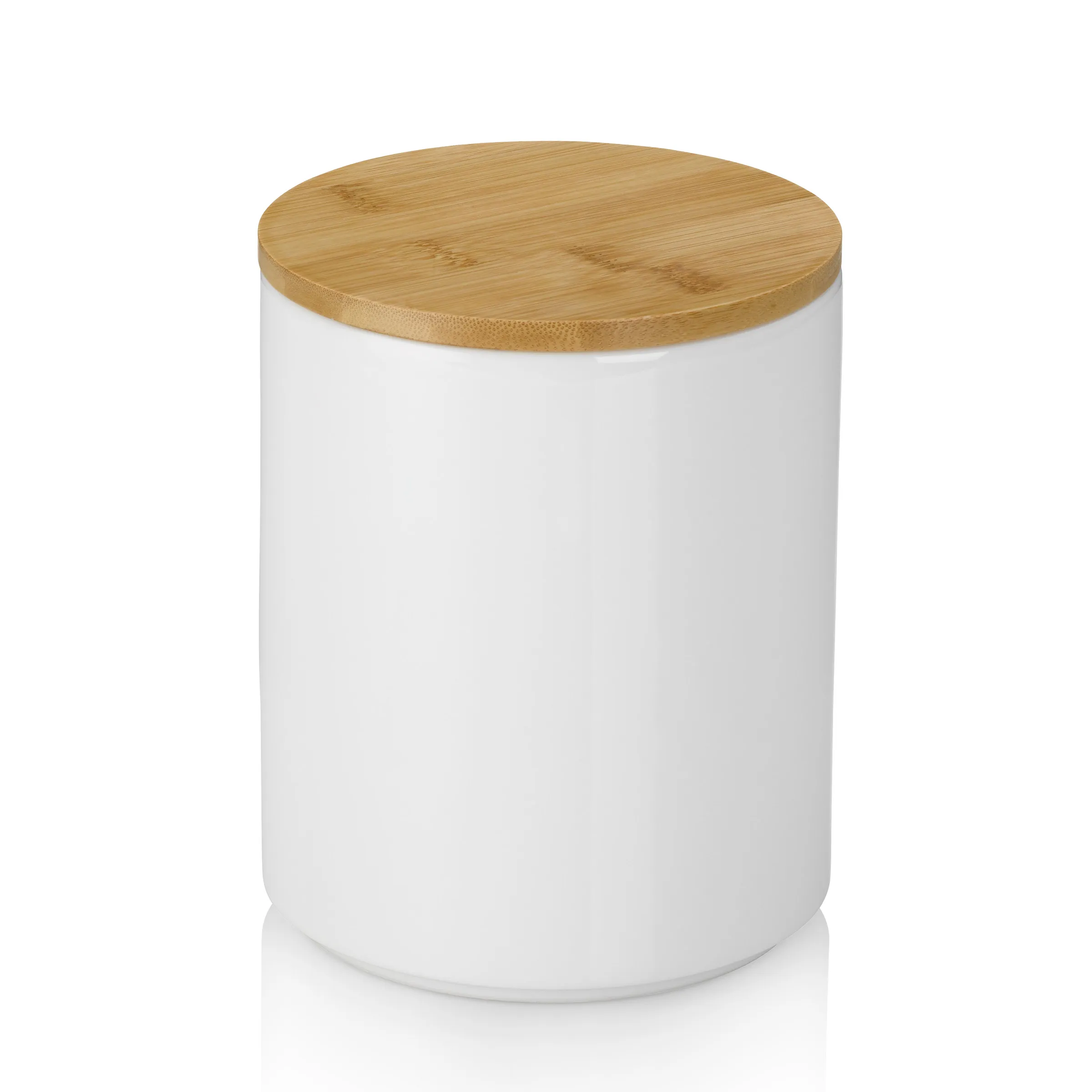 Vorratsdose aus Keramik mit Bambusdeckel - Küchendose weiß Weiße Keramik Vorratsdose mit Bambusdeckel, zylindrische Form, minimalistisches Design