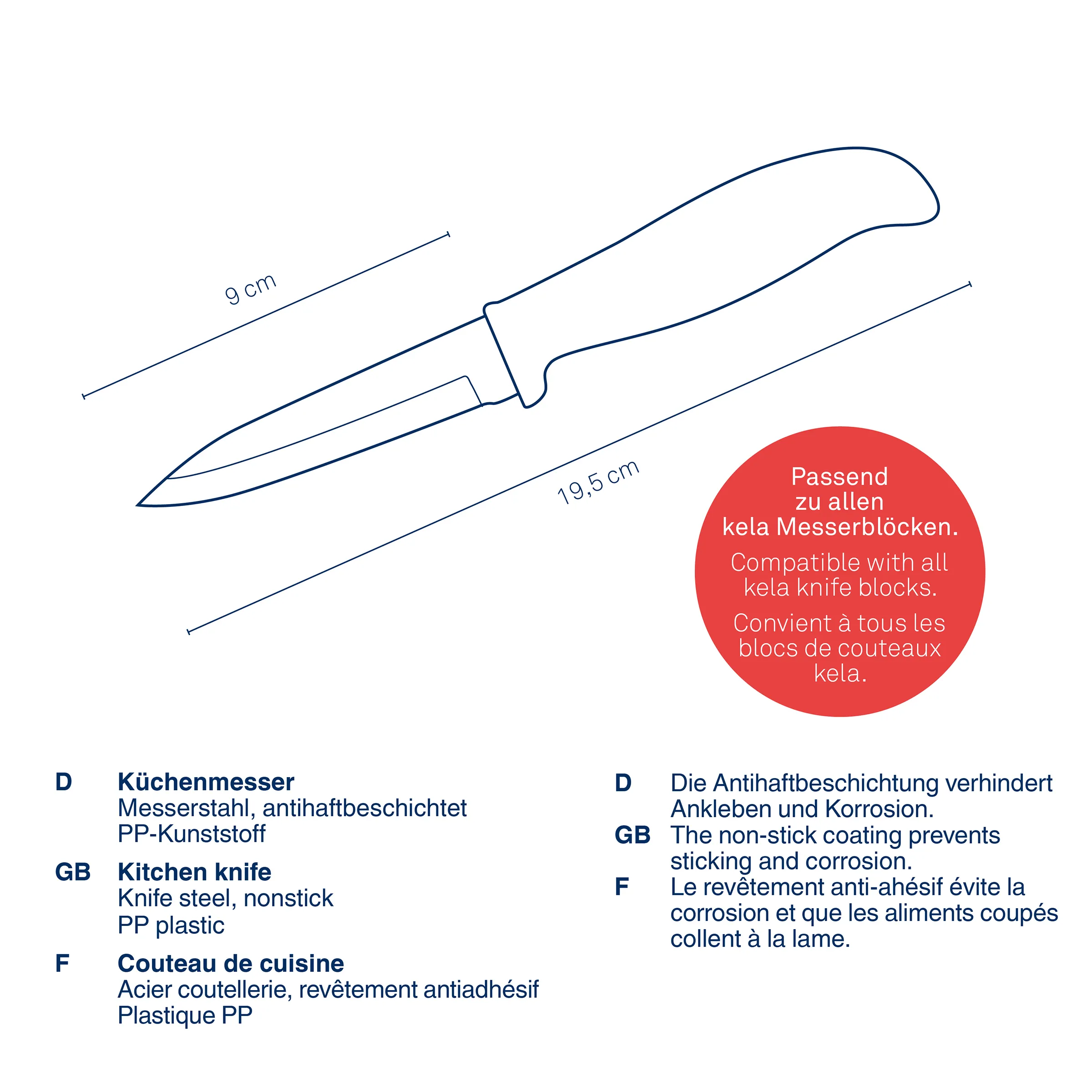 Küchenmesser mit Antihaftbeschichtung und PP-Kunststoffgriff für kela Messerblöcke Küchenmesser mit antihaftbeschichteter Klinge, 9 cm und 19,5 cm Längenangaben, kompatibel mit kela Messerblöcken