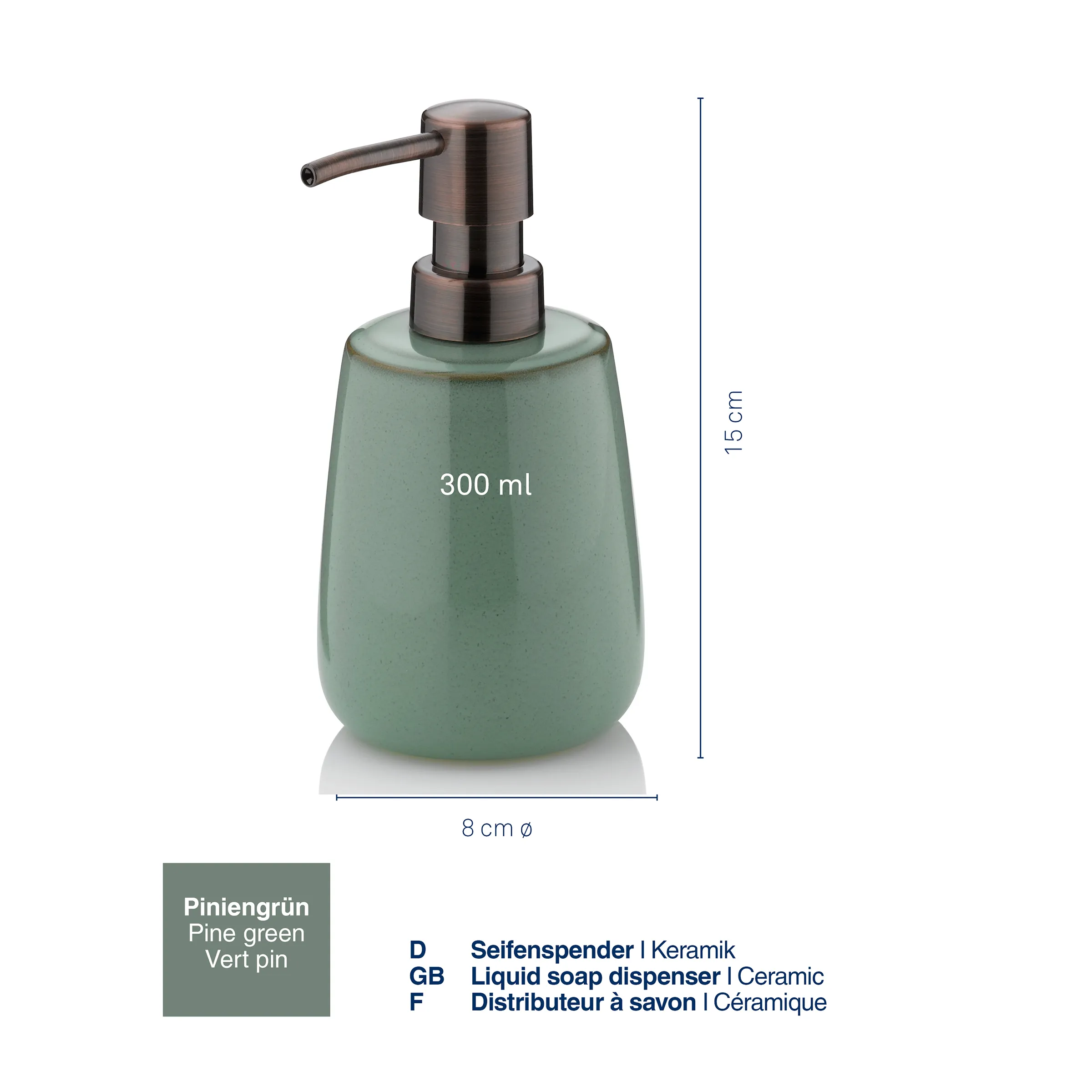 Keramik-Seifenspender Piniengrün 300ml mit Bronzepumpe Piniengrüner Keramik-Seifenspender mit Bronzepumpe, 300 ml Volumen, 15 cm hoch, 8 cm Durchmesser