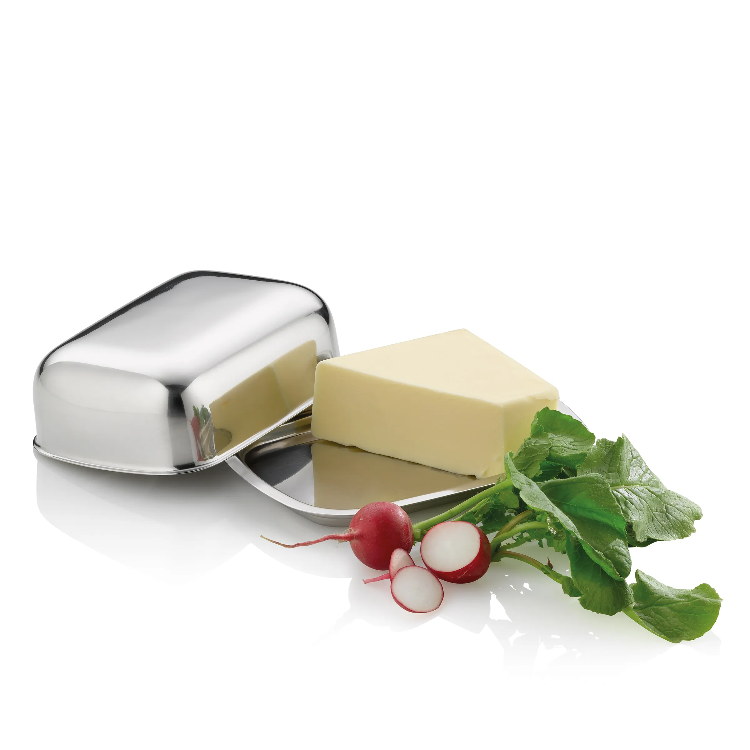 Butterdose Edelstahl mit Deckel für frische Butter - Aufbewahrung Küche Edelstahl-Butterdose mit Deckel, gefüllt mit Butter, daneben frische Radieschen mit grünem Blattwerk