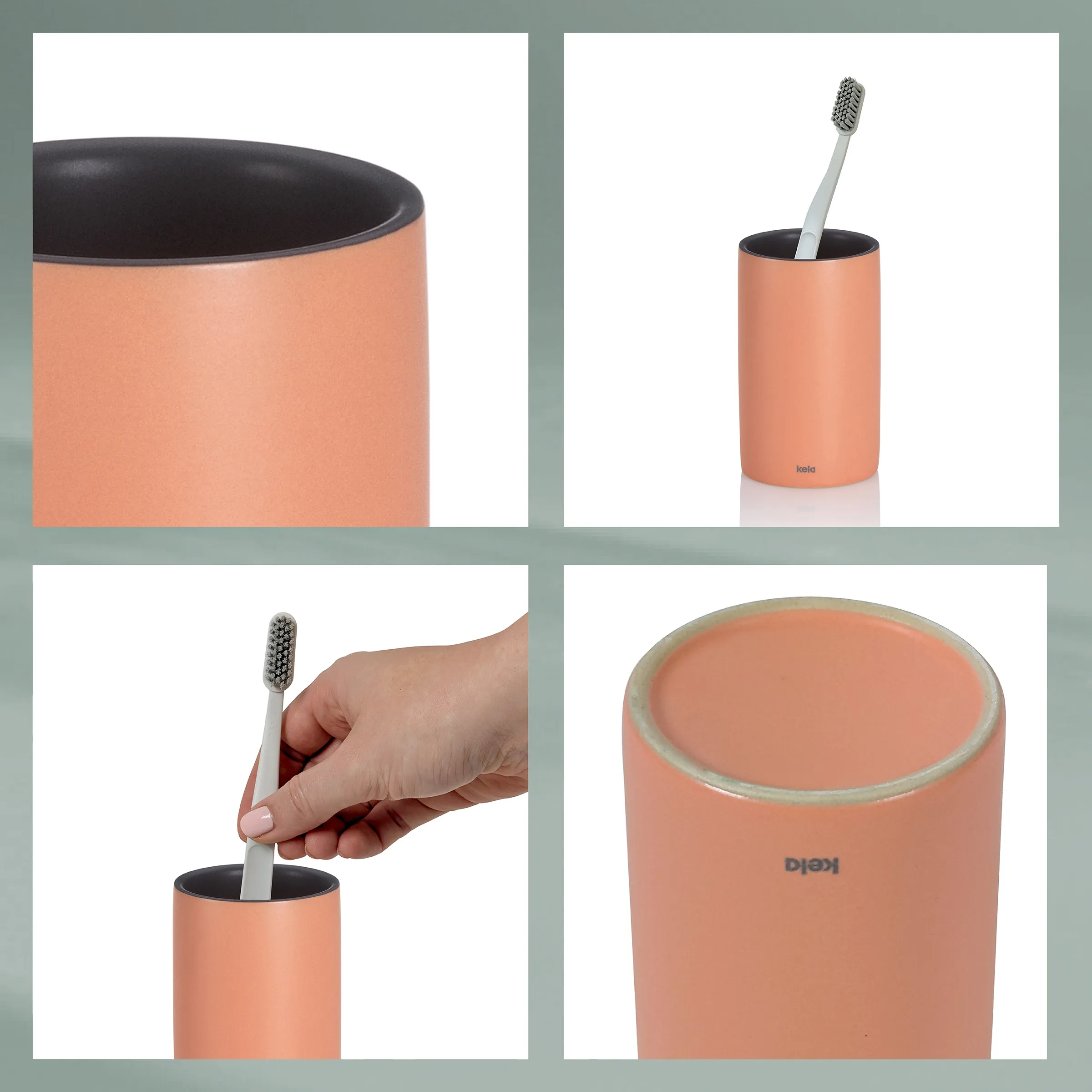 Kela Zahnputzbecher Rosa - Moderner Zahnbürstenhalter für Badezimmer Kela Zahnputzbecher in Rosa mit weißer Zahnbürste, Detailansichten des Bechers mit schwarzem Inneren