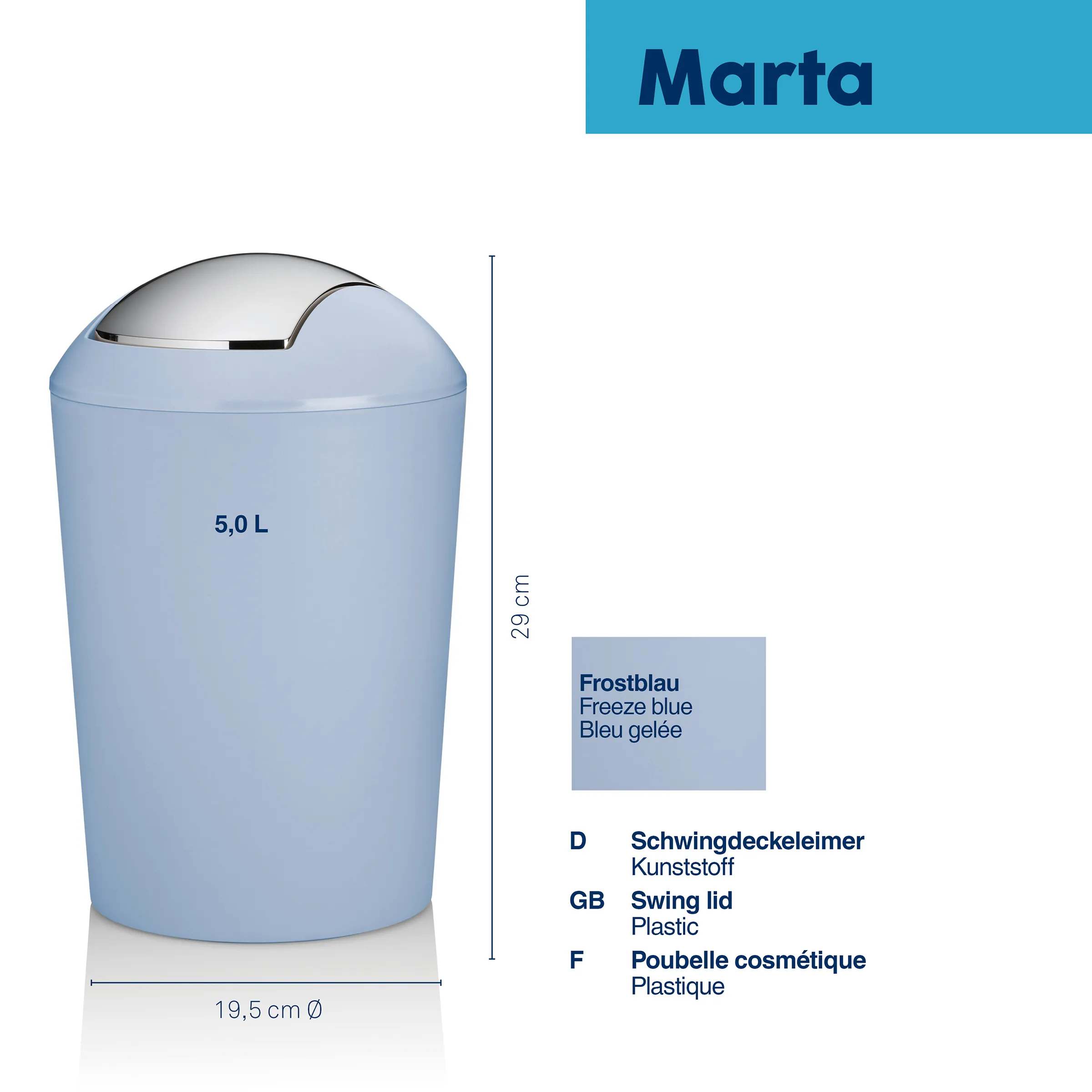 Marta Schwingdeckeleimer 5L Frostblau - Kunststoffeimer Hellblauer Schwingdeckeleimer Marta mit 5,0 Liter Volumen, 29 cm Höhe und 19,5 cm Durchmesser, Kunststoff.