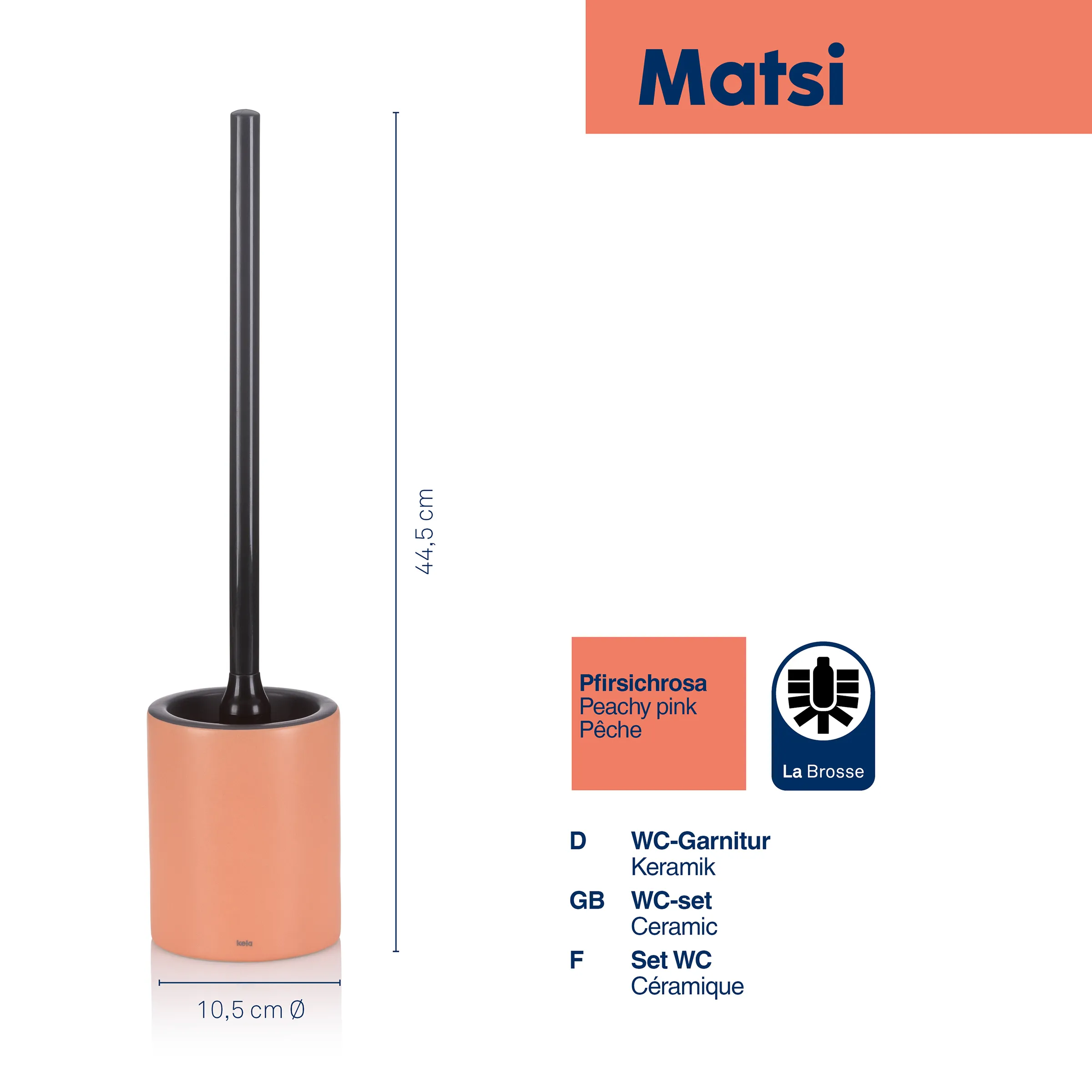 Matsi WC-Garnitur Keramik Pfirsichrosa - Designer WC-Bürste Set Matsi WC-Garnitur in Pfirsichrosa aus Keramik, 44,5 cm hoch, 10,5 cm Durchmesser, mit schwarzer Bürste