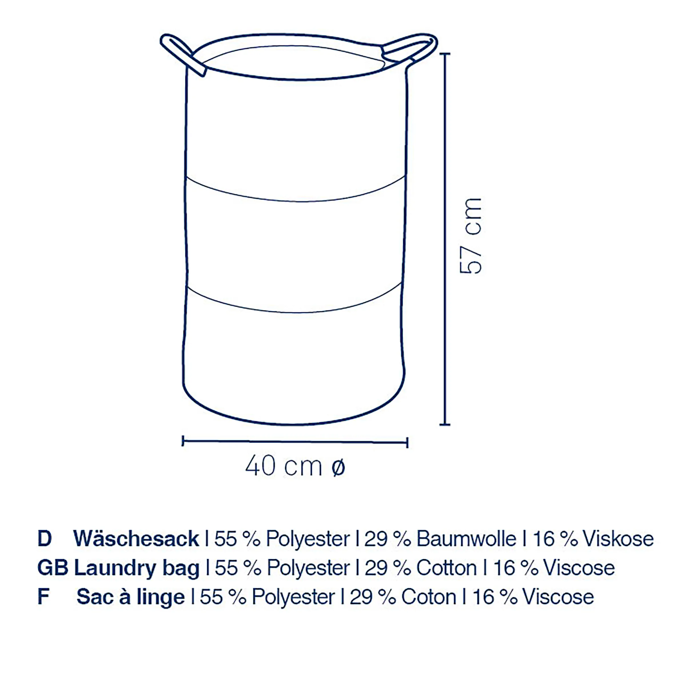 Wäschesack 40cm Durchmesser - Polyester Wäschekorb Wäschesack aus Polyester, Baumwolle und Viskose mit Durchmesser 40 cm und Höhe 57 cm, zwei Tragegriffe oben