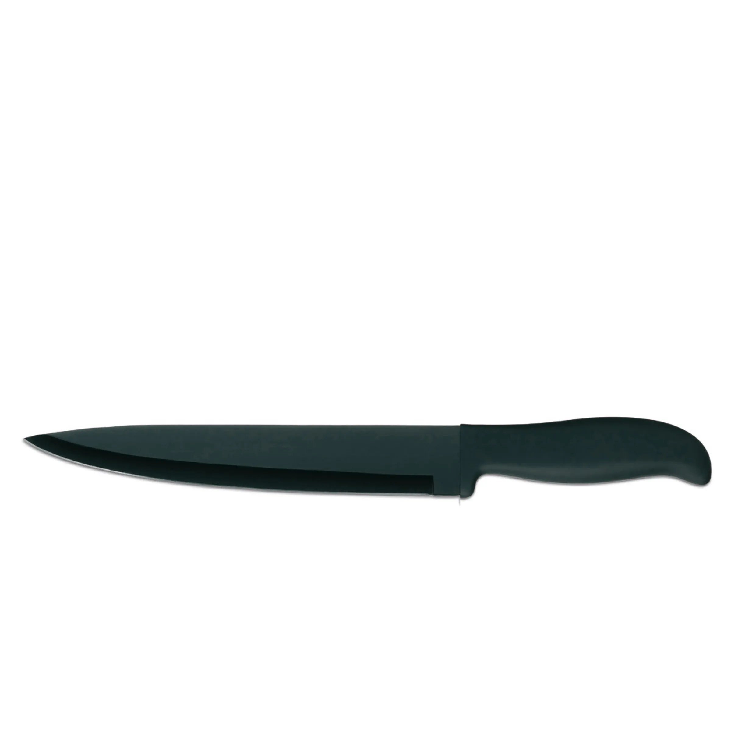 Schwarzes Küchenmesser mit scharfer Klinge - Professionelles Kochmesser Schwarzes Küchenmesser mit scharfer Klinge und ergonomischem Griff auf weißem Hintergrund