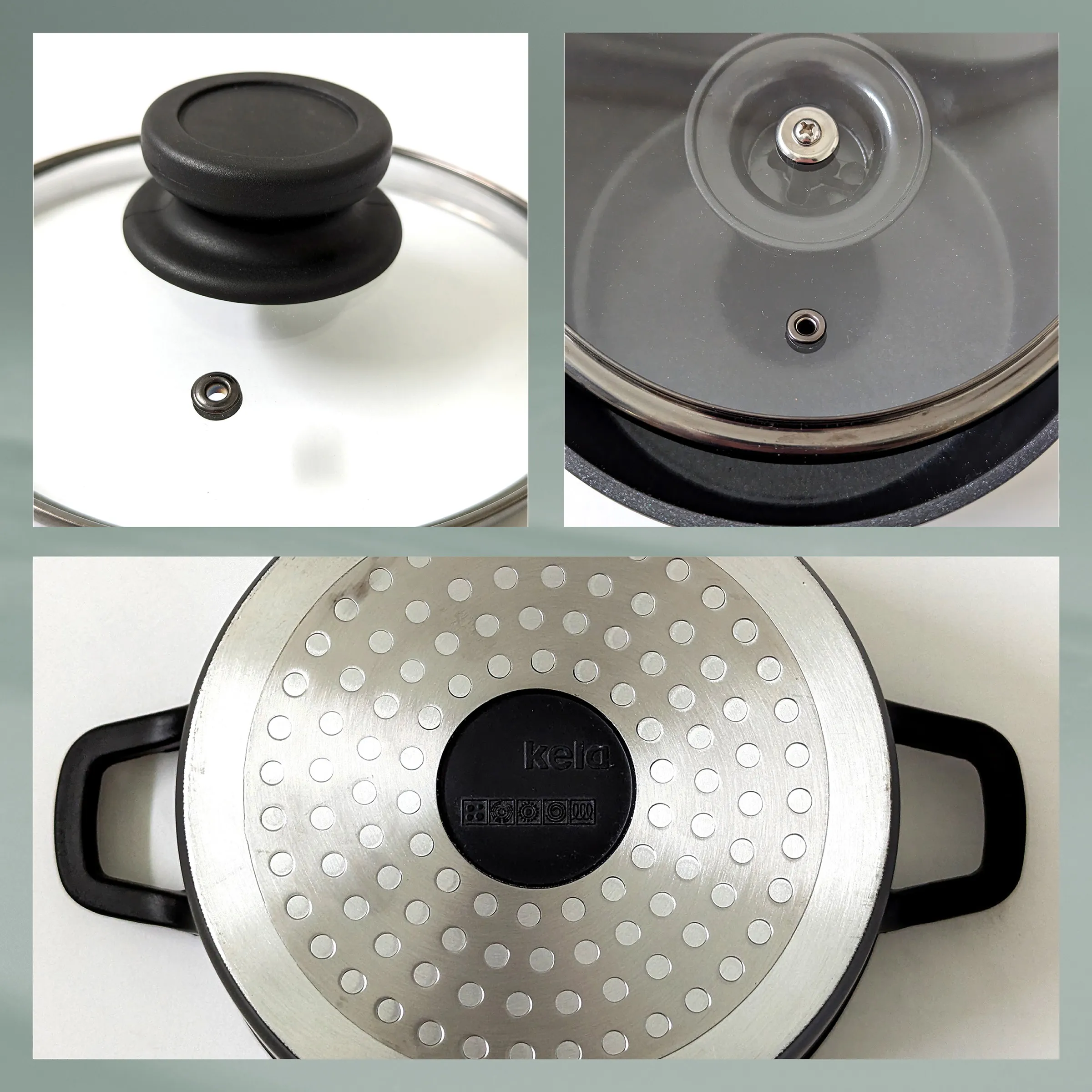 Kela Induktions-Kochtopf mit Glasdeckel und Druckventil - Mehrfachansicht Kela Kochtopf mit Glasdeckel, schwarzem Knopf und Druckventil, Ansicht von oben und unten mit Induktionsboden