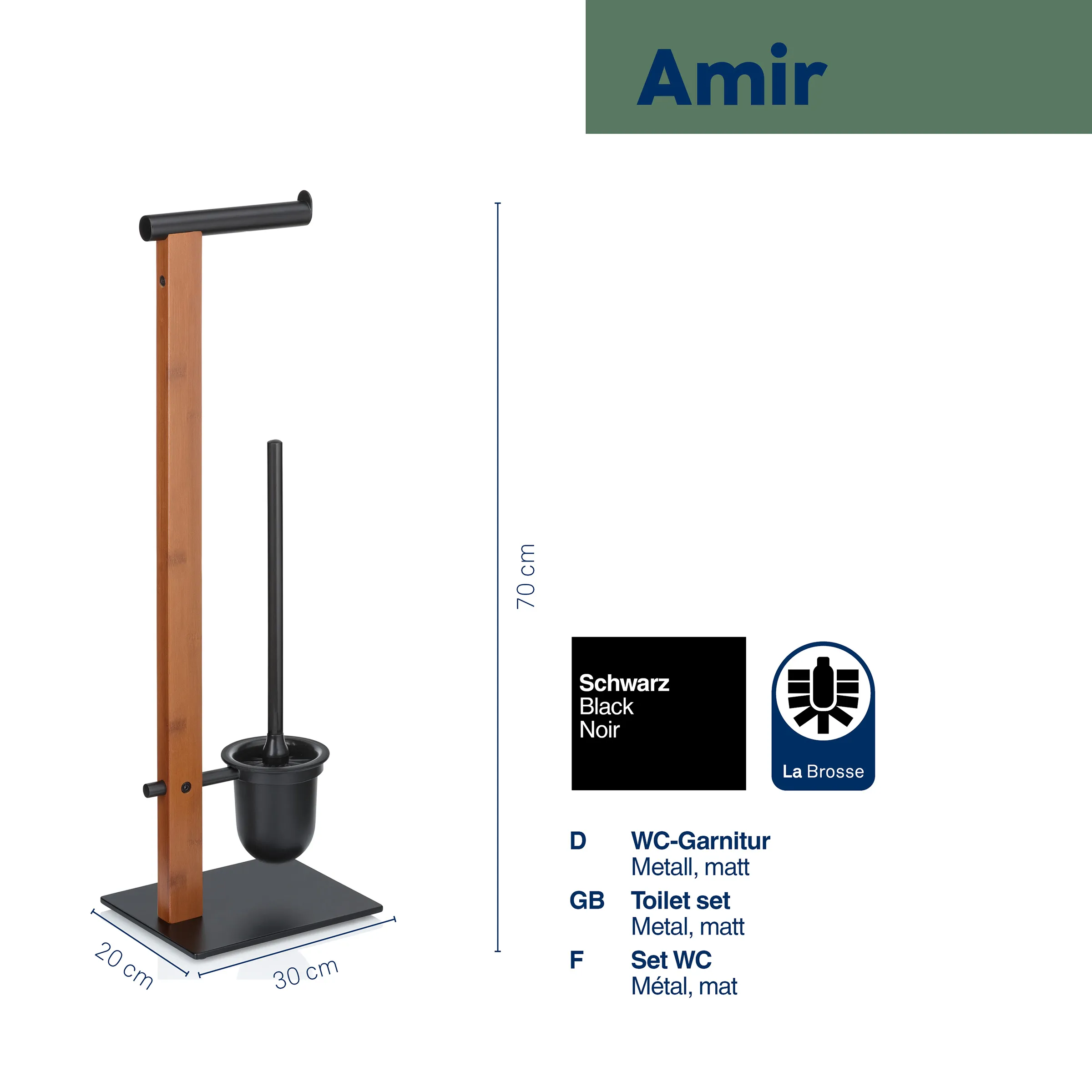 Amir WC-Garnitur Schwarz Metall matt mit Holzständer Toilettenbürste Amir WC-Garnitur Schwarz mit Holzstandfuß, Maße 70x30x20 cm, La Brosse Bürstenkopf