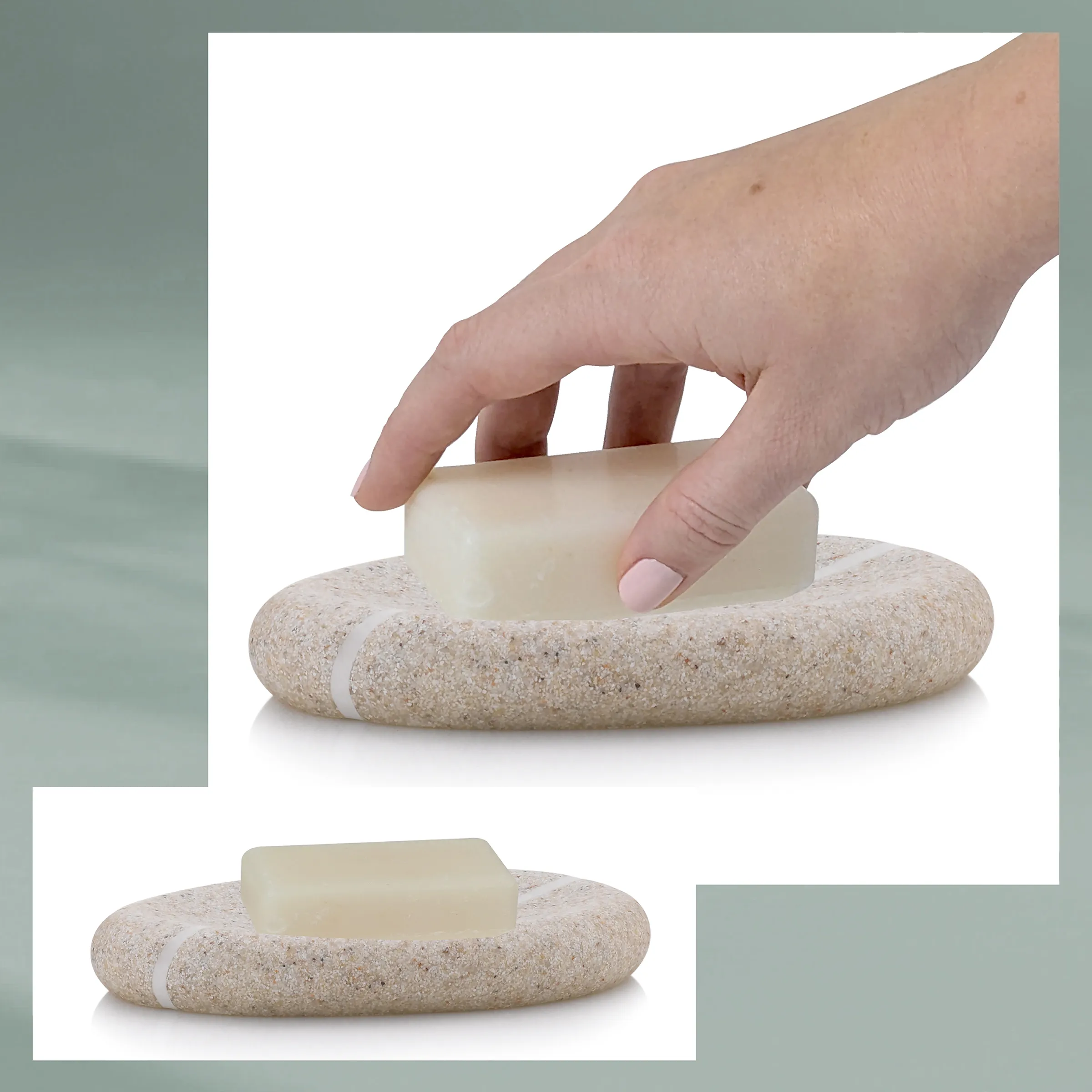Hand nimmt beiges Seifenstück von einem ovalen Naturstein-Seifenhalter, Produktansicht vor weißem Hintergrund