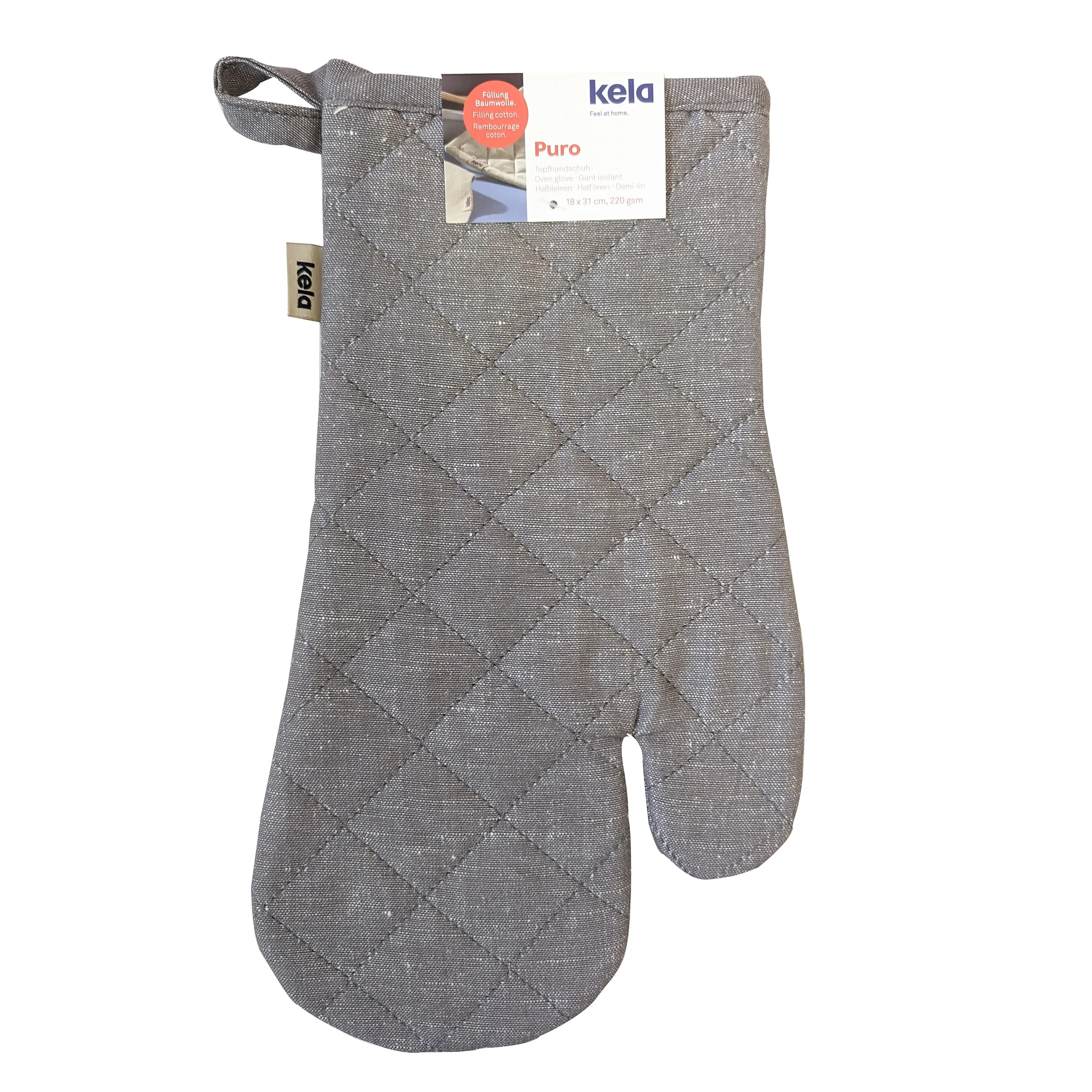 Kela Puro Ofenhandschuh Baumwolle grau Graue Kela Puro Ofenhandschuh aus Baumwolle mit Wattierung und Griff, Produktverpackung sichtbar