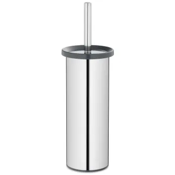 Stainless steel toilet brush with black handle and holder, modern bathroom accessory design
