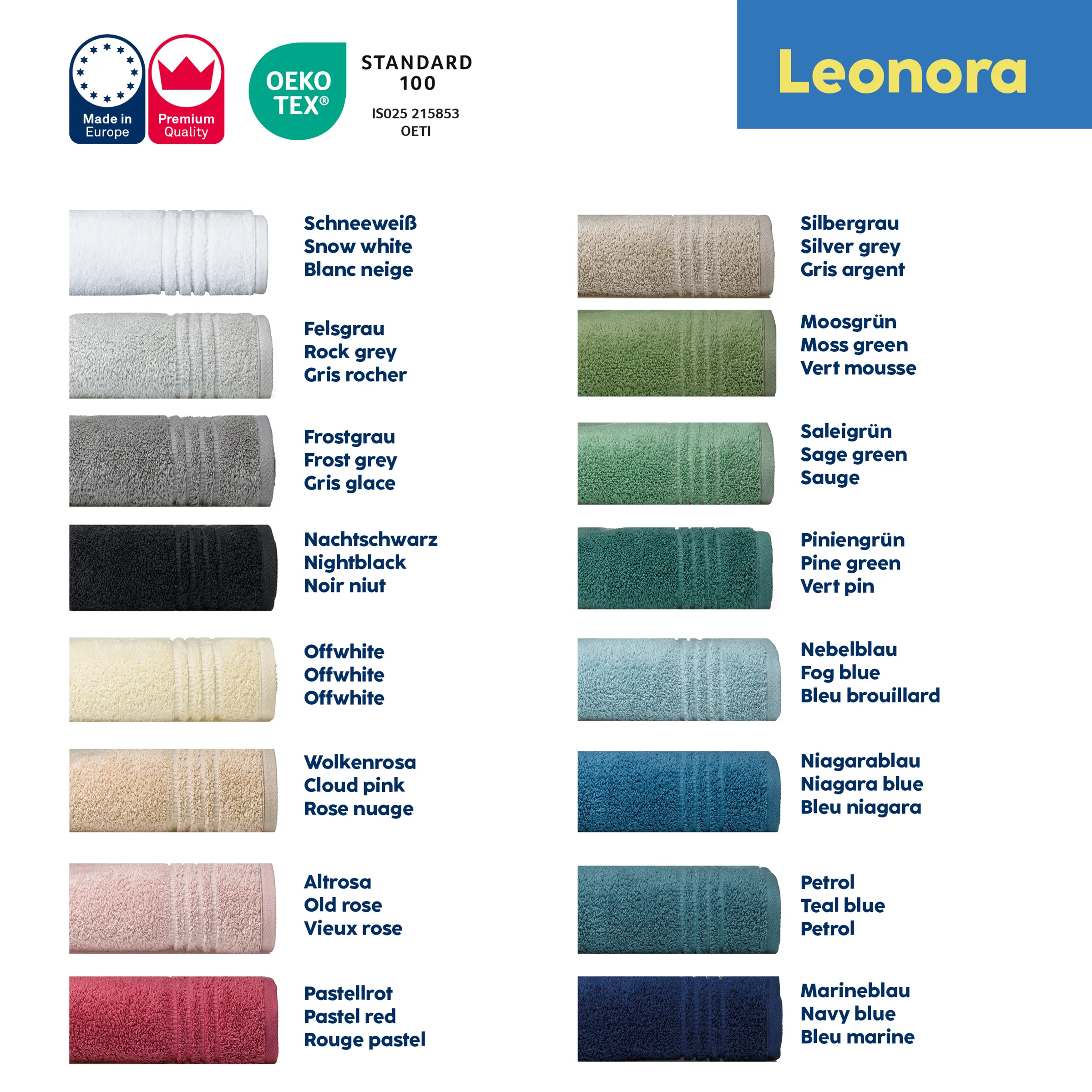 Leonora Handtuchfarbpalette mit 16 Farben von Schneeweiß bis Marineblau, zertifiziert mit OEKO-TEX Standard 100