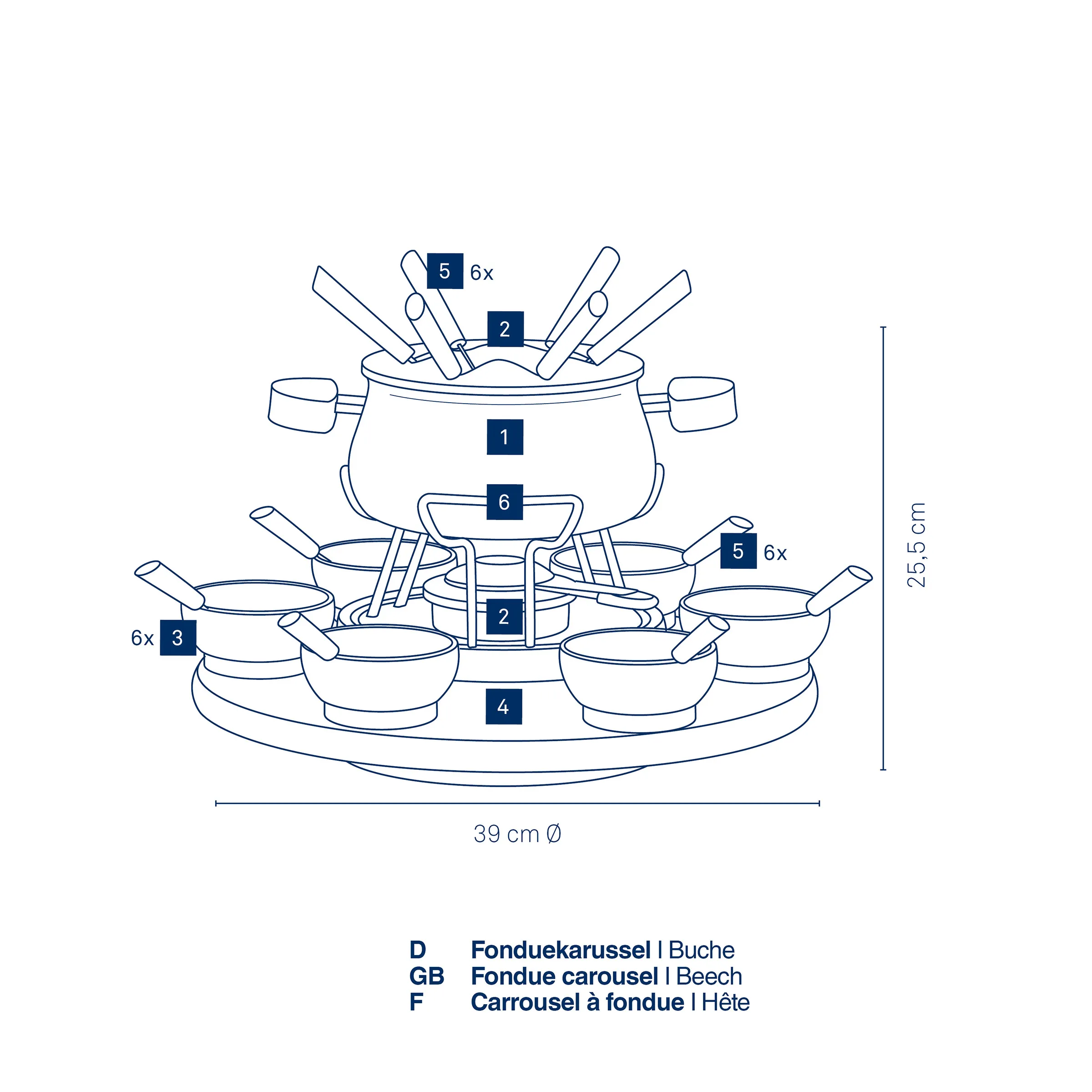Fondue Karussel Set mit 6 Töpfen und Zubehör Fondue-Karussel mit 6 Keramiktöpfen, Besteck und Brenner auf rundem Sockel, 39 cm Durchmesser